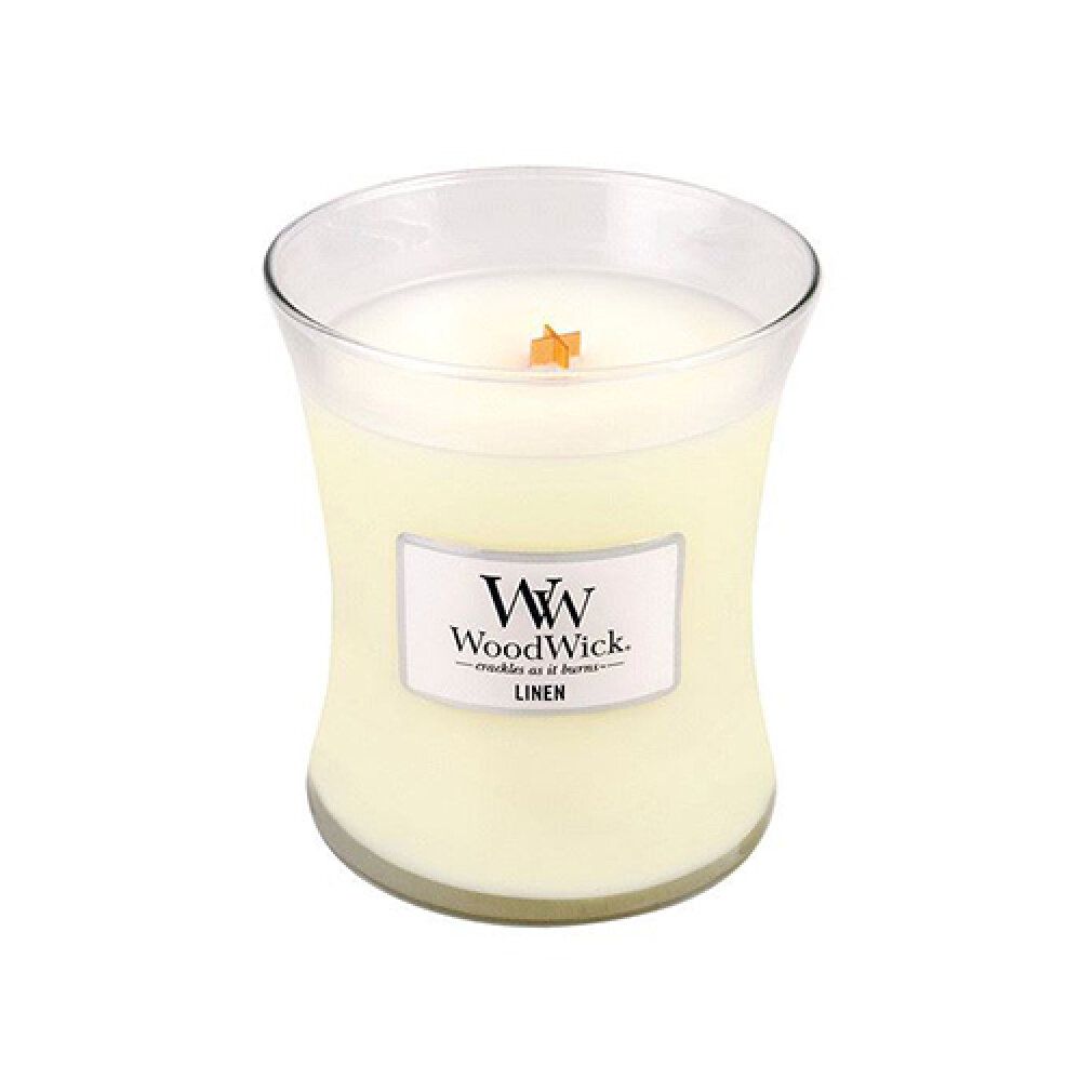 Sanduhrkerze mit Docht. Auf dem Etikett steht "Linen" und das WoodWick-Logo.