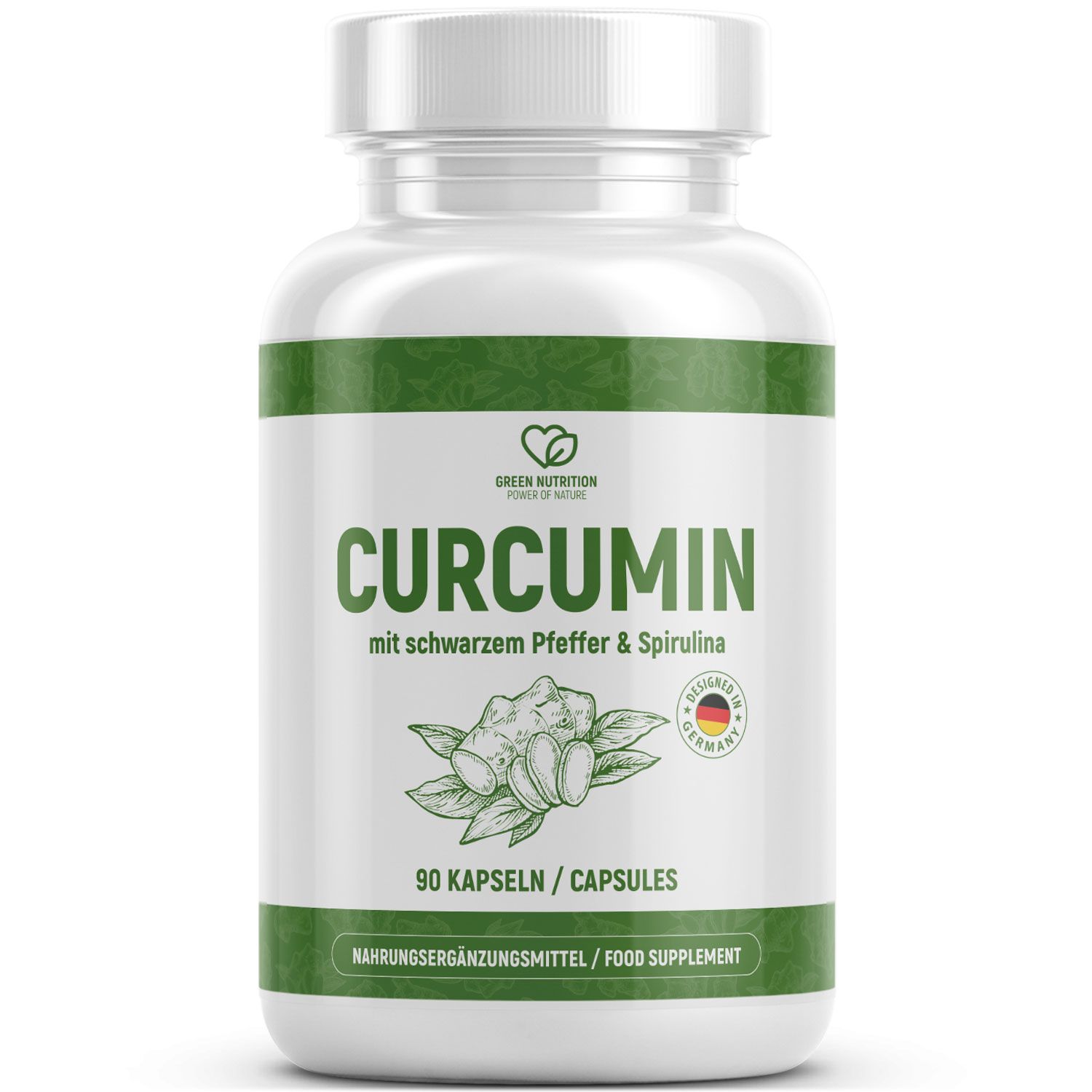 Weiße Kapsel-Dose mit grünem Etikett. Aufschrift: CURCUMIN, mit schwarzem Pfeffer & Spirulina. 90 Kapseln. Hergestellt in Deutschland.