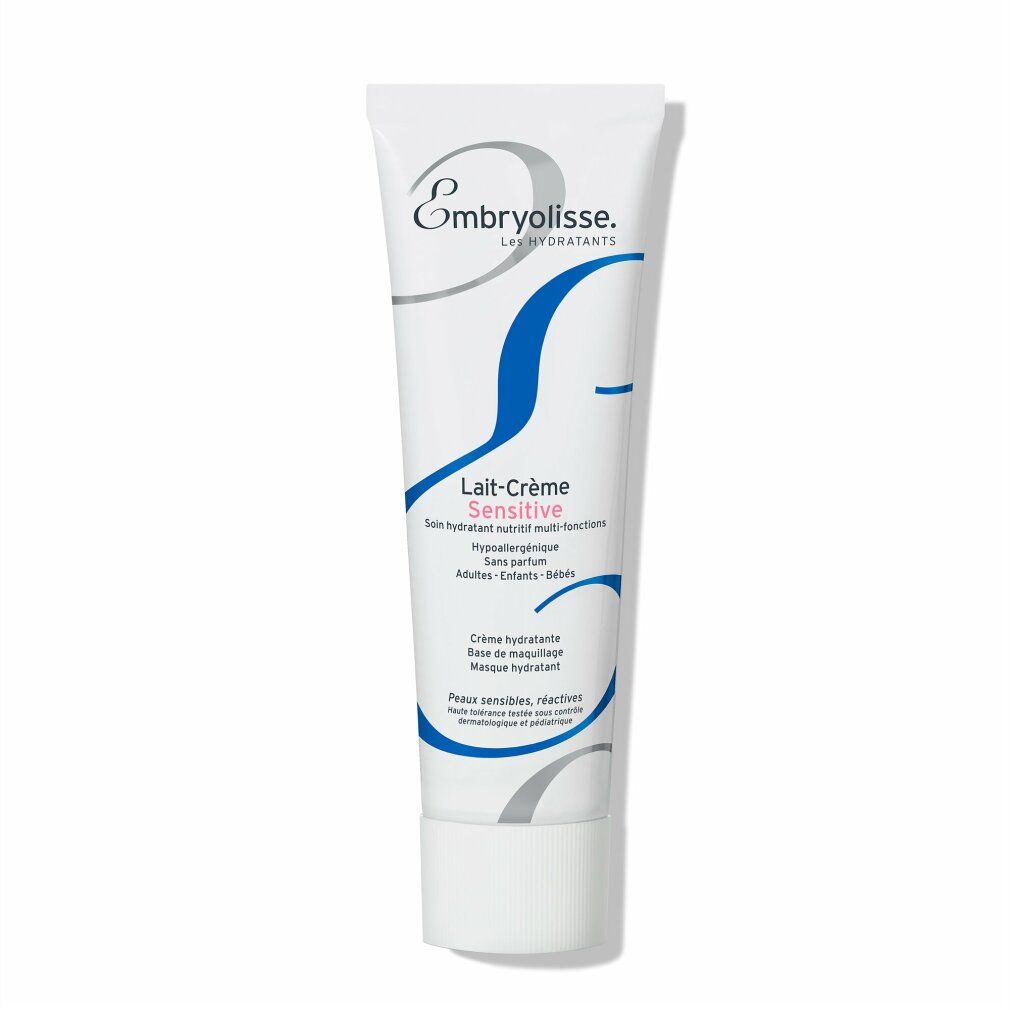 Weiße Tube mit blauer und grauer Grafik. Aufschrift: Embryolisse Lait-Crème Sensitive. Text in Französisch.