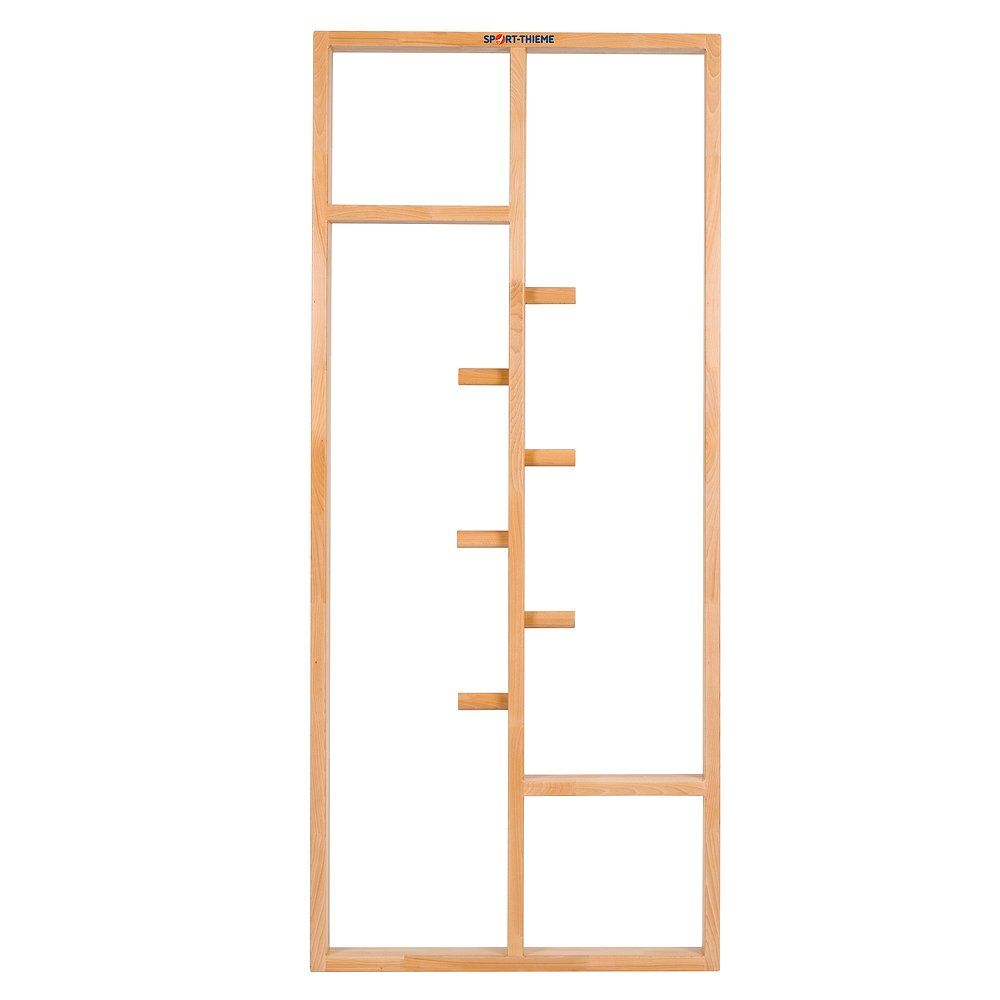 Turnwand-Einzelelement aus Holz mit Sprossen. Rahmenkonstruktion mit horizontalen und vertikalen Holmen. Mehrere Sprossen.