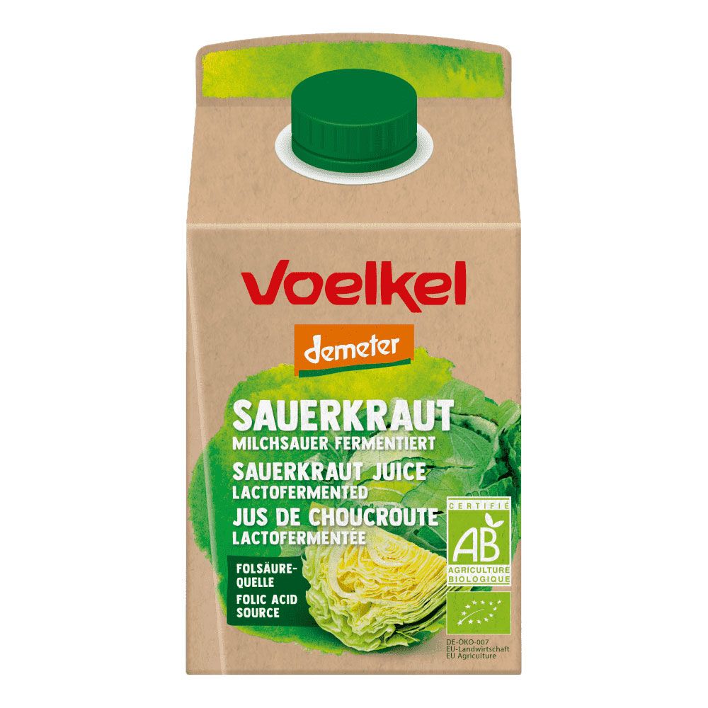 Karton mit grünem Deckel. Aufdruck: Voelkel, Sauerkraut, Demeter-Siegel, AB-Bio-Logo, Folsäure-Quelle.