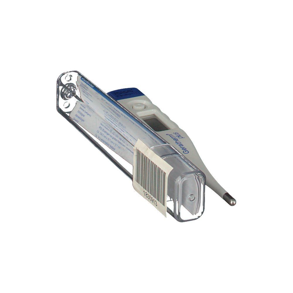 Digitales Thermometer und Schutzhülle. Barcode-Etikett auf der Hülle. Blaues Ende des Thermometers.