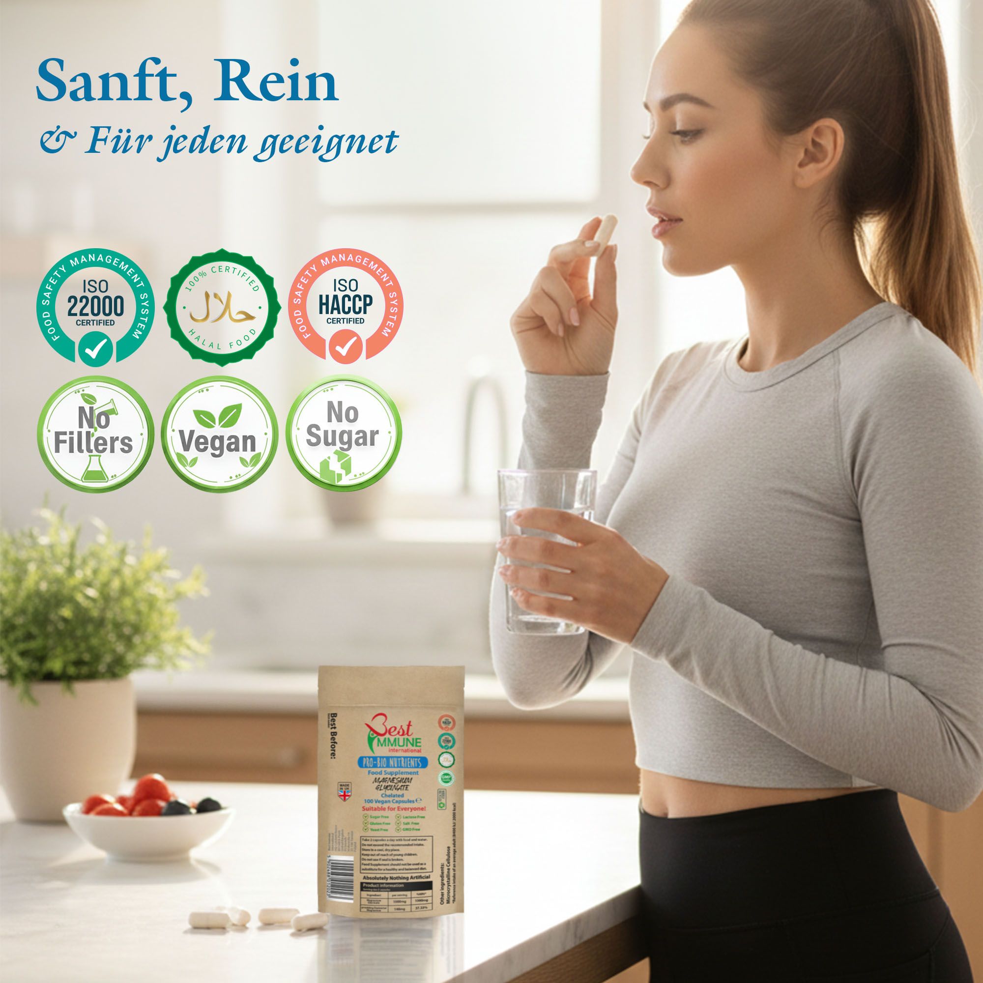Frau nimmt Magnesiumkapsel ein. Beutel mit Siegeln: ISO 22000, Halal, HACCP, Vegan, No Sugar.
