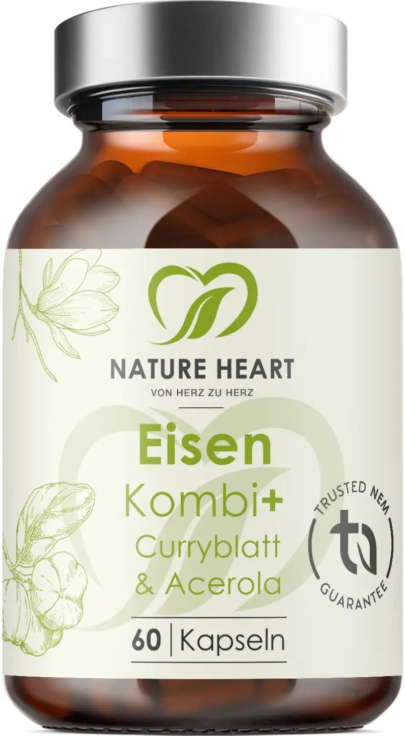 Braune Glasflasche mit Kapseln. Aufschrift: Eisen Kombi+, 60 Kapseln. Logo: Nature Heart, Trusted NEM Guarantee.