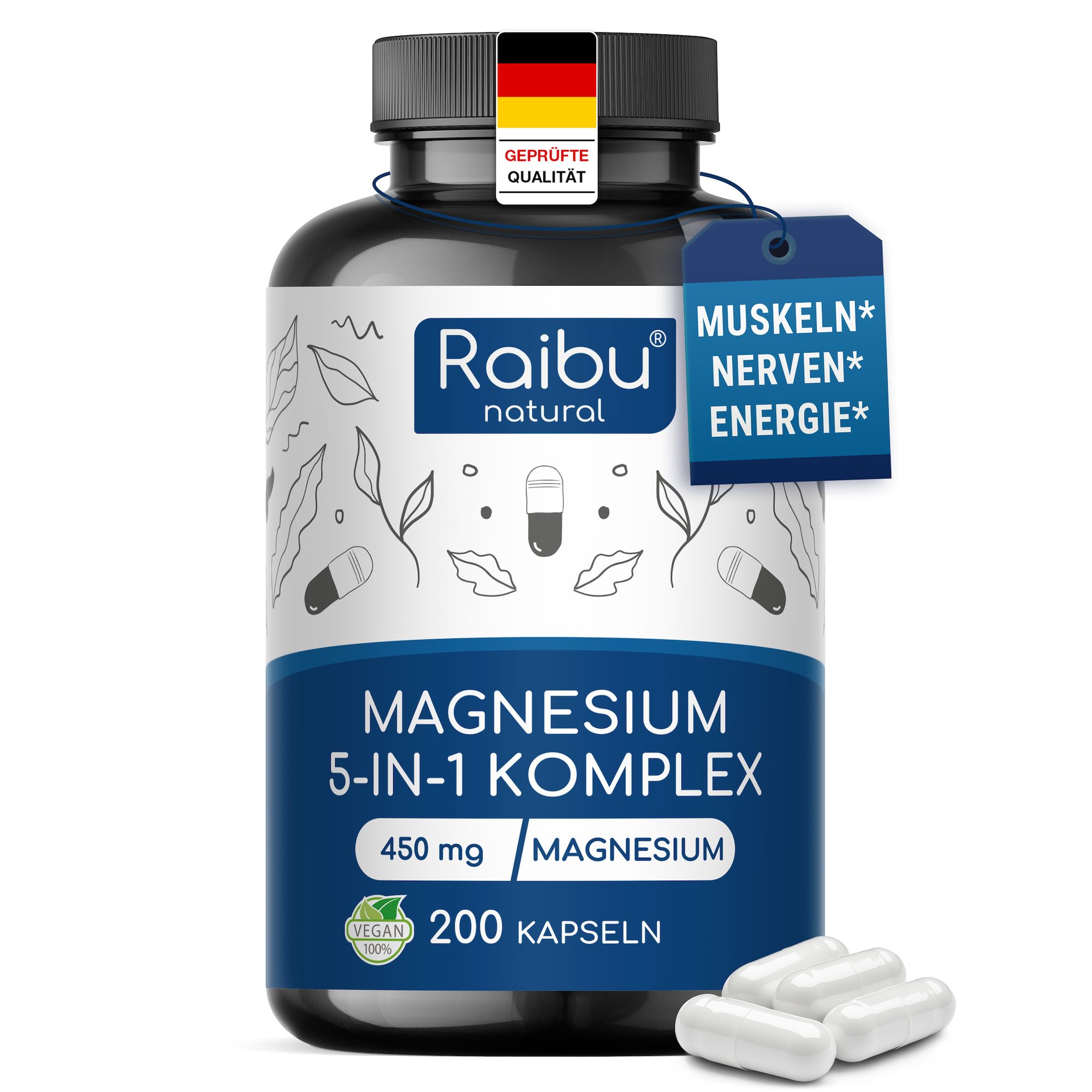 Magnesium-Komplex hochdosiert - 450 mg Magnesium pro Tag Raibu 200 St Kapseln