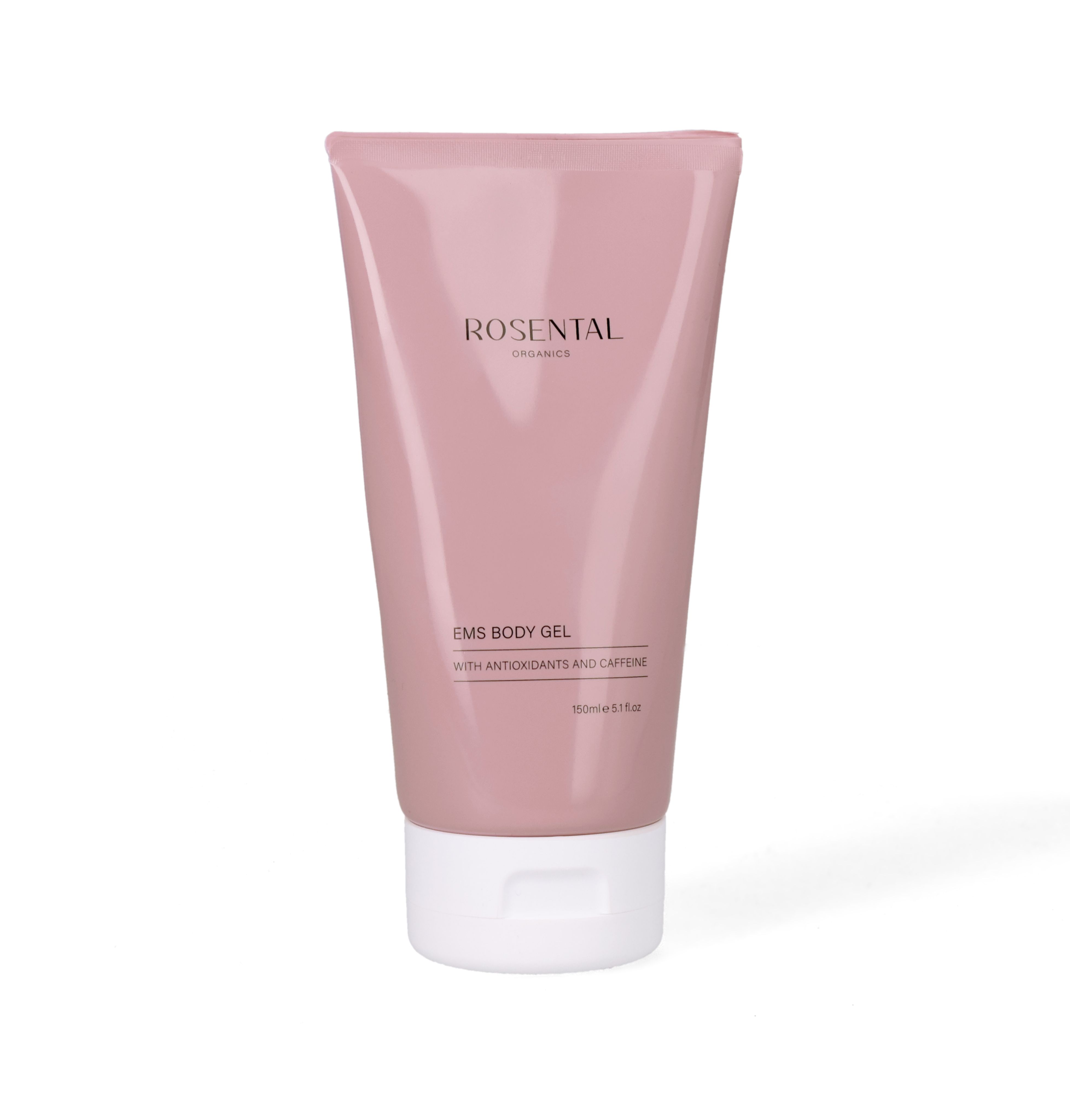 Rosa Tube mit weißem Deckel. Aufschrift: Rosental Organics, EMS Body Gel, mit Antioxidantien und Koffein.