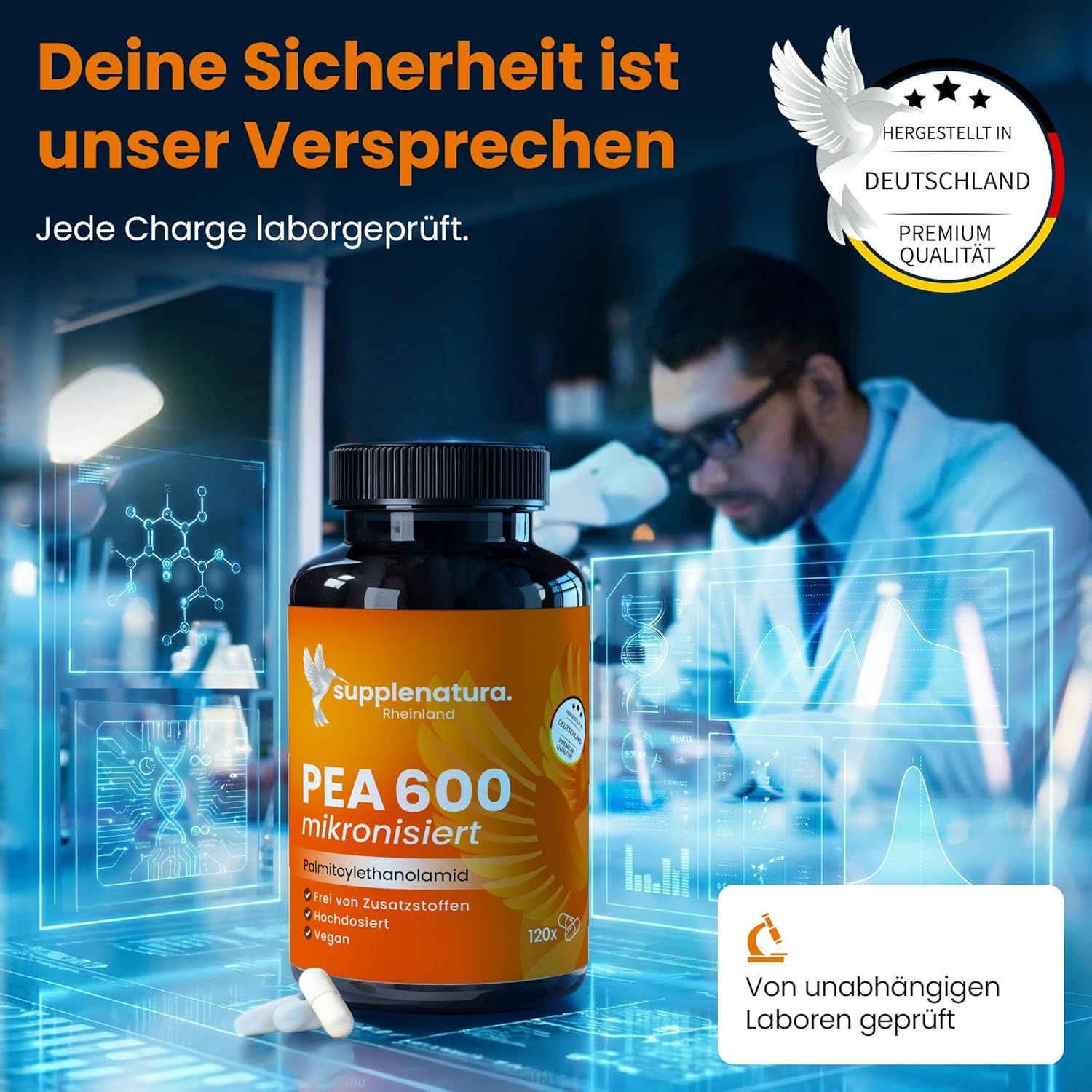 Dose supplenatura® PEA 600 mikronisiert. Laborgeprüft. Hergestellt in Deutschland. Mann im Labor im Hintergrund.