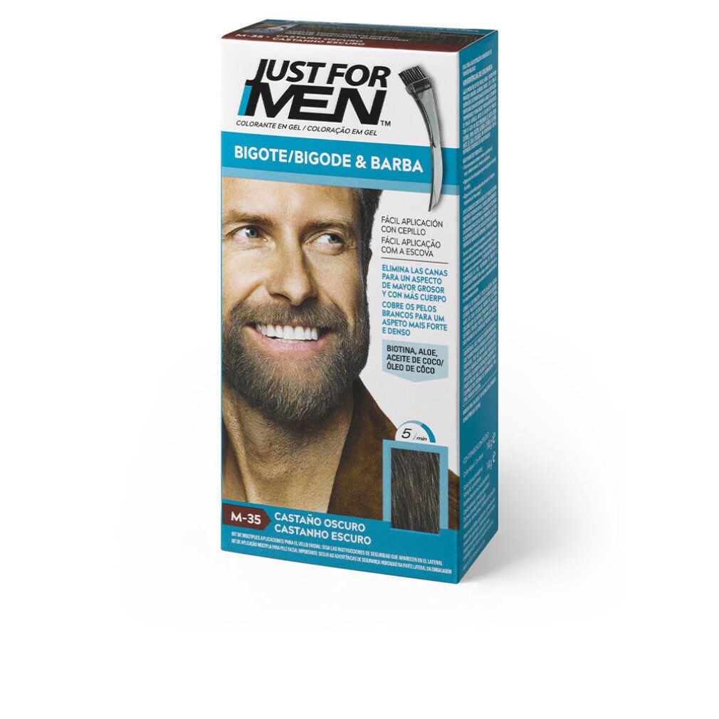 Verpackung mit Produktabbildung. Text: JUST FOR MEN, BIGOTE/BIGODE & BARBA. Farbe: M-35, Castanho Escuro.
