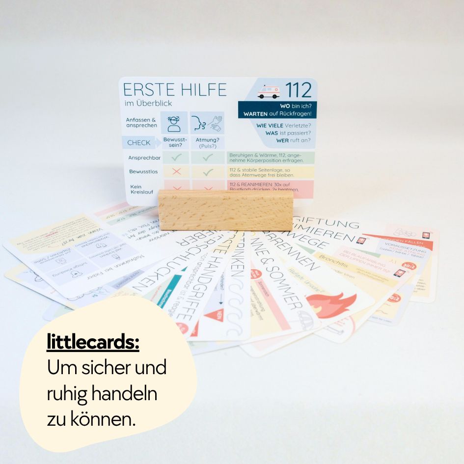 Erste-Hilfe-Karte 'Erste Hilfe im Überblick' auf einem Holzständer, umgeben von Spielzeug.