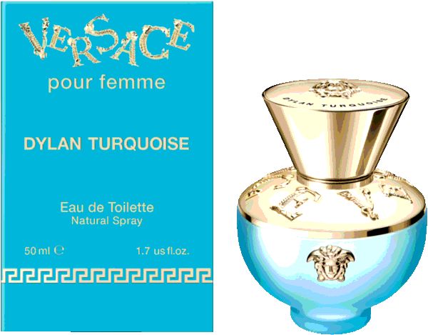 Türkisfarbener Flakon mit goldfarbenem Verschluss und Verpackung. Aufschrift: Versace Dylan Turquoise.