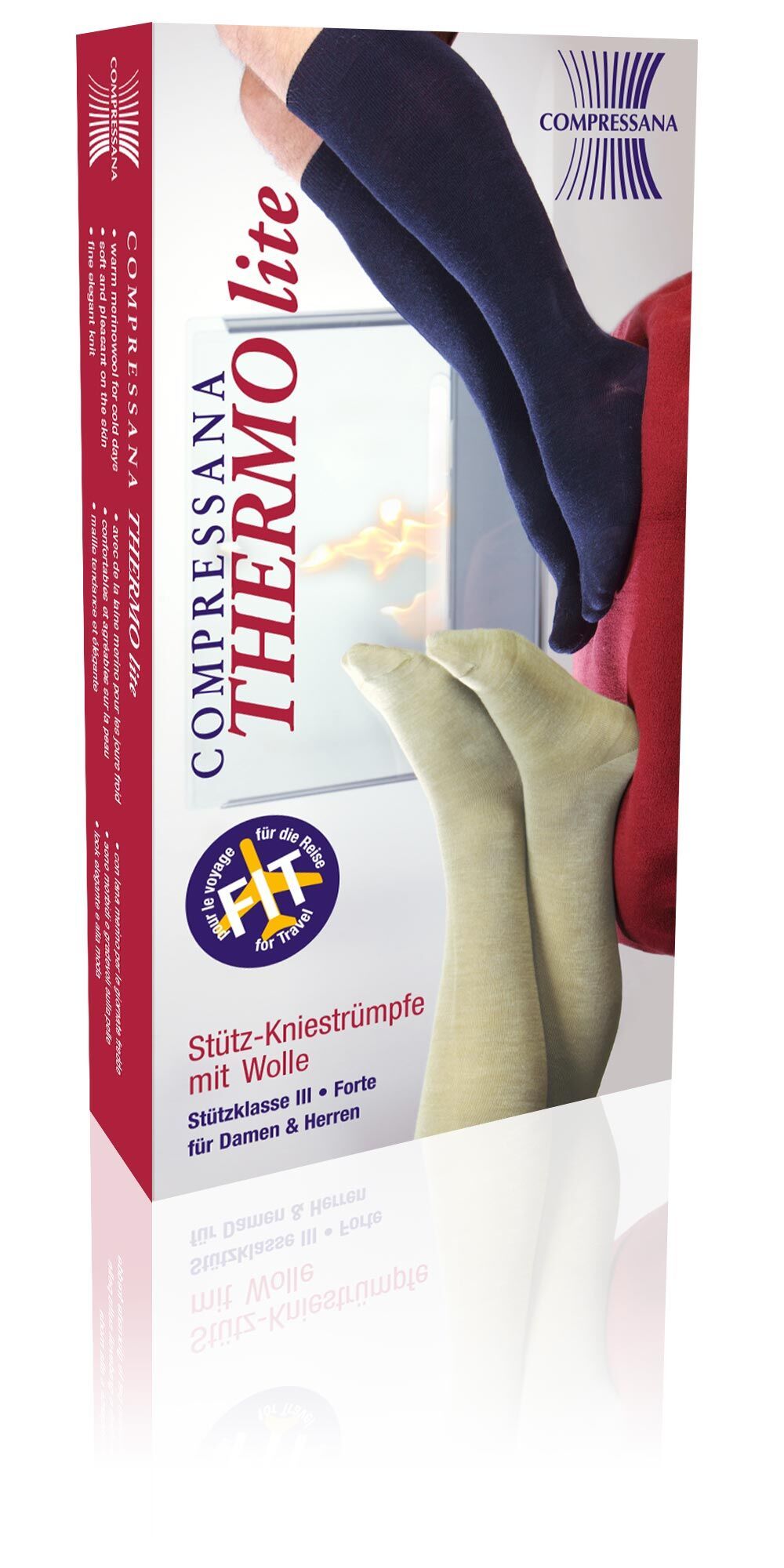 Verpackung von Compressana THERMO lite Stützkniestrümpfe. Produktabbildung und Text.