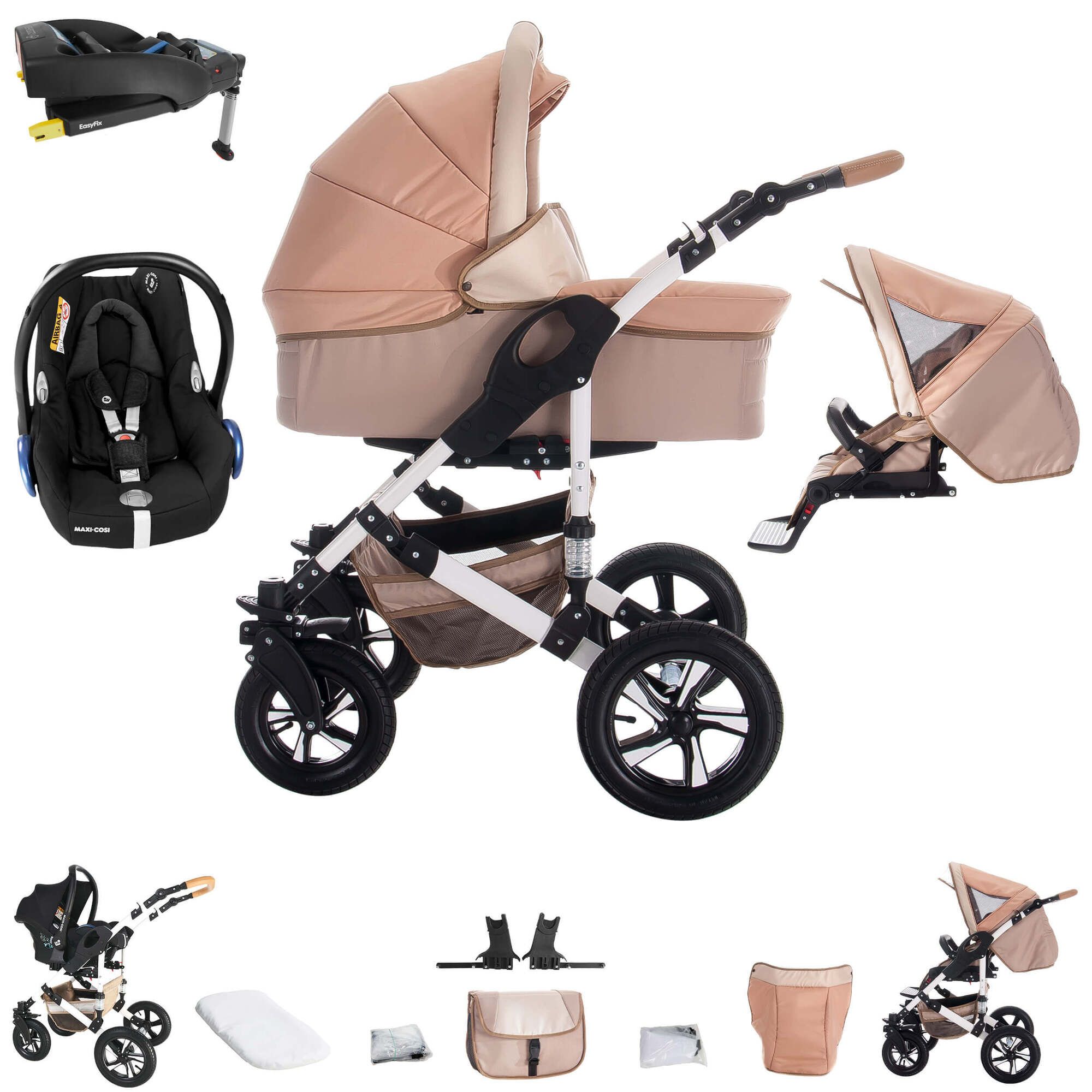 Bebebi myVARIO 4 in 1 Kinderwagen Set mit Original Maxi Cosi & FamilyFix Station, Hartgummi myGold