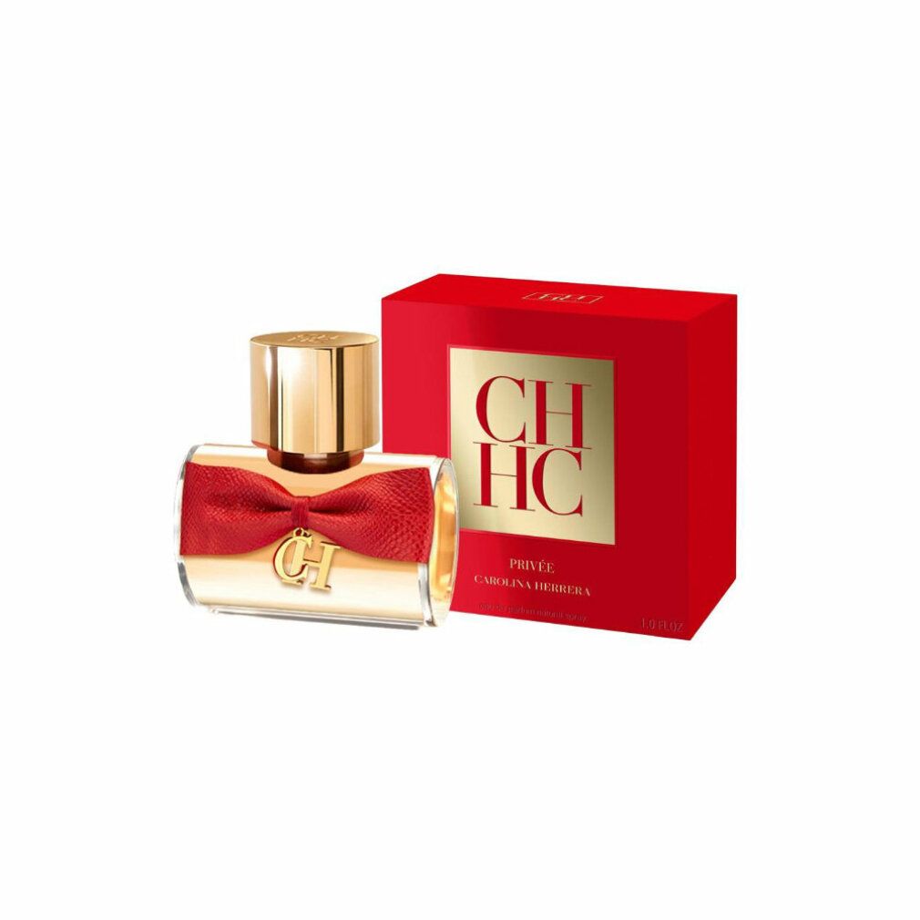 Parfümflakon mit roter Schleife und Anhänger. Rote Verpackung mit goldfarbenem Logo und Schriftzug. Produktname: CH Privée.