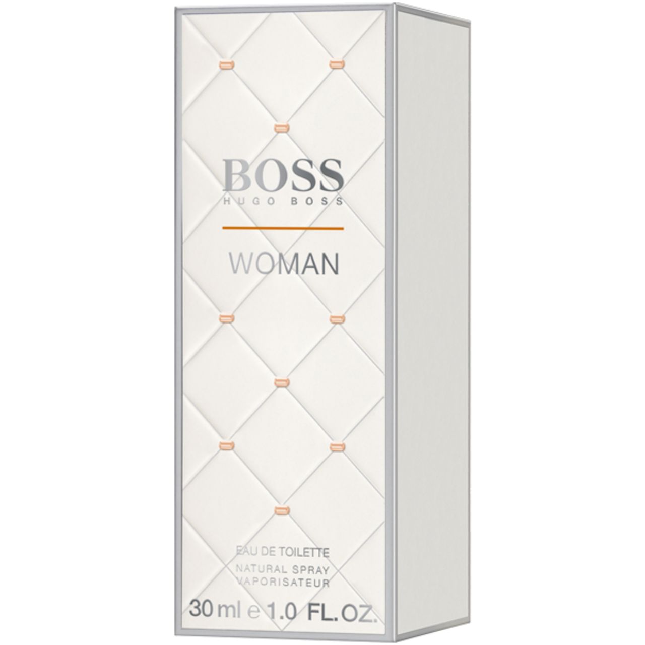 Boss Orange Woman E.d.T. Nat. Spray Verpackung. Weißer Karton mit silbernen Details und Logo. 30 ml.