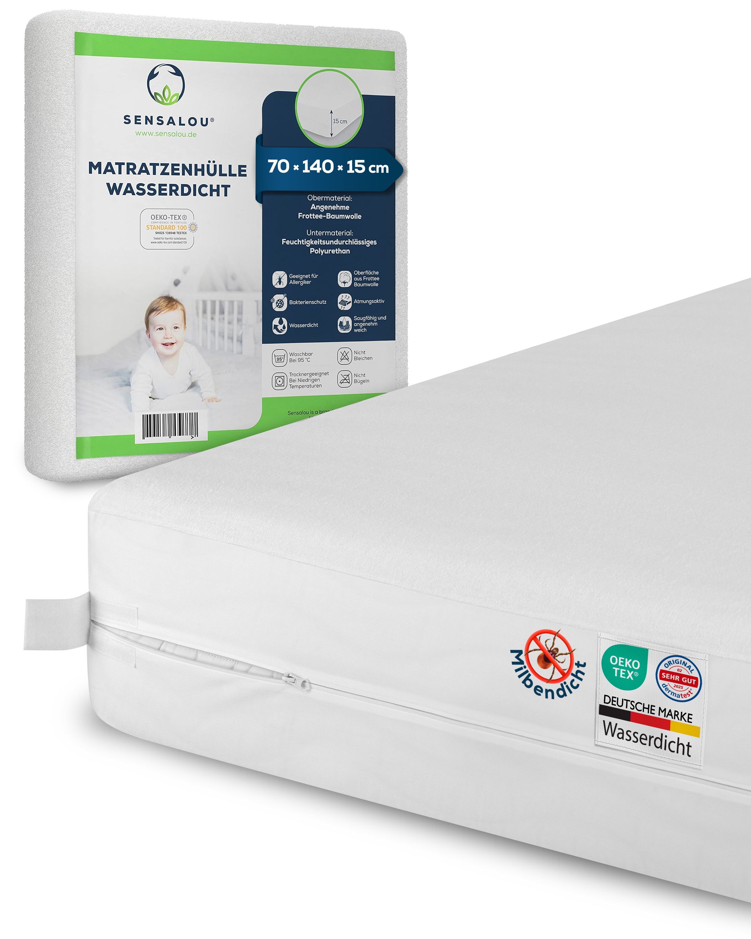 Matratzenbezug mit Reißverschluss, weiß. Verpackung mit Produktinformationen und Babyfoto. Oeko-Tex-Zertifizierung.