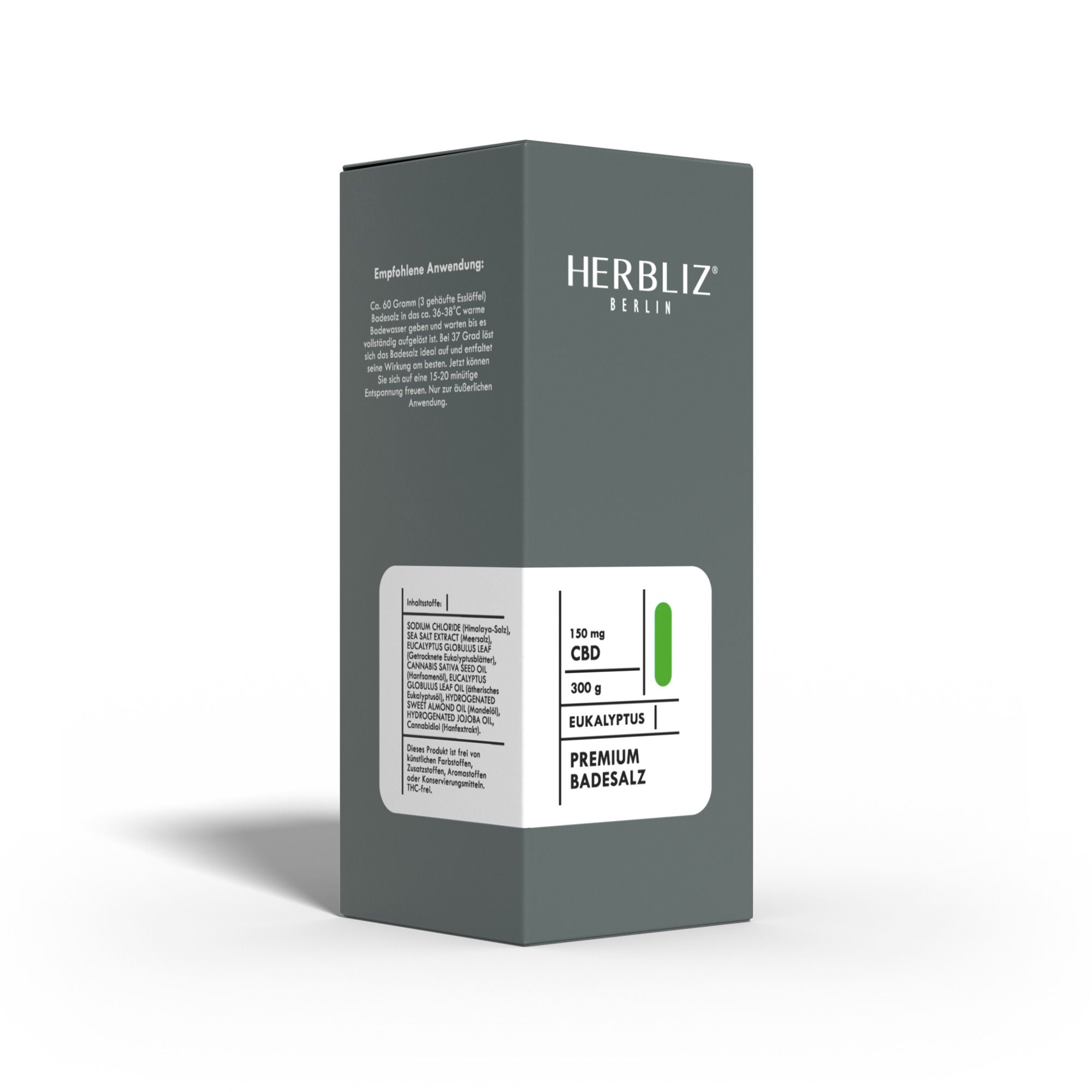 Dunkelgraue Verpackung. Aufschrift: HERBLIZ, Eukalyptus, CBD, Badesalz. Mit Inhaltsangaben und Anwendungshinweisen.