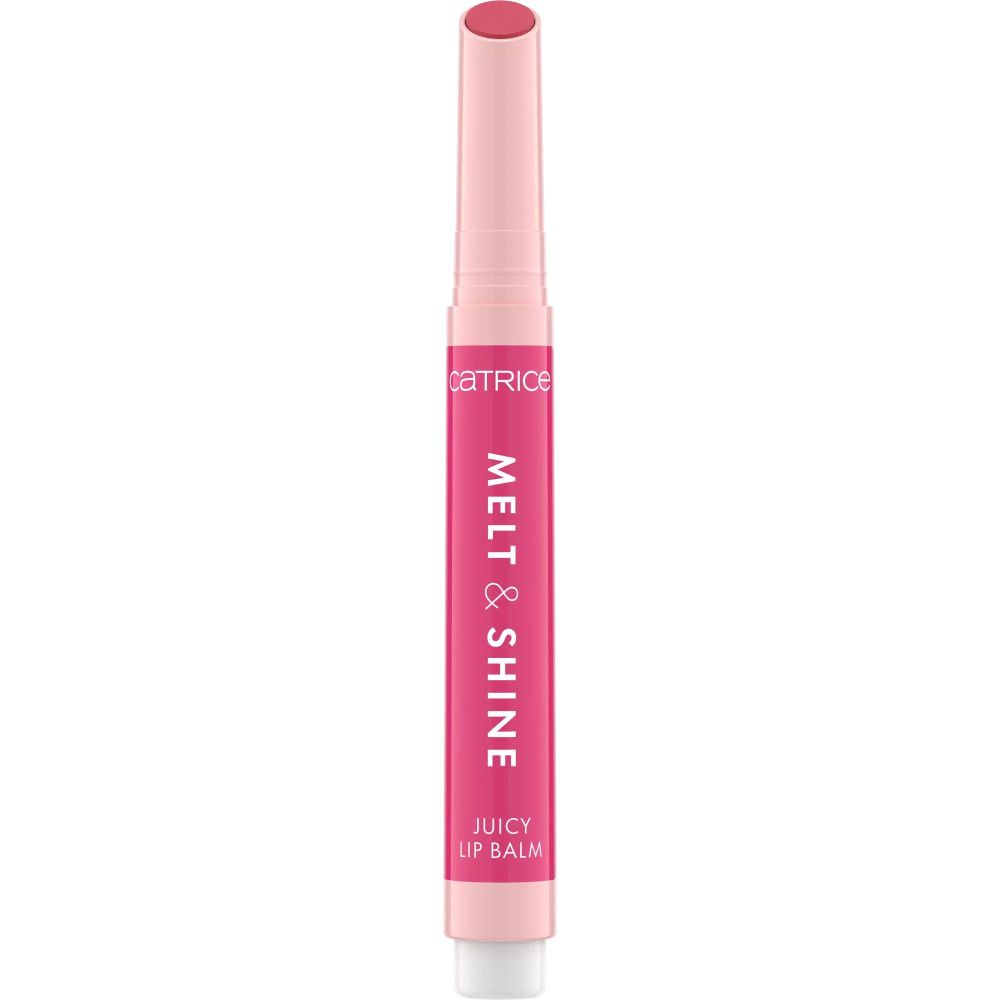 Catrice Melt & Shine Juicy Lip Balm. Rosa Lippenbalsam-Stift mit rosa Deckel. Schriftzug: MELT & SHINE, JUICY LIP BALM.