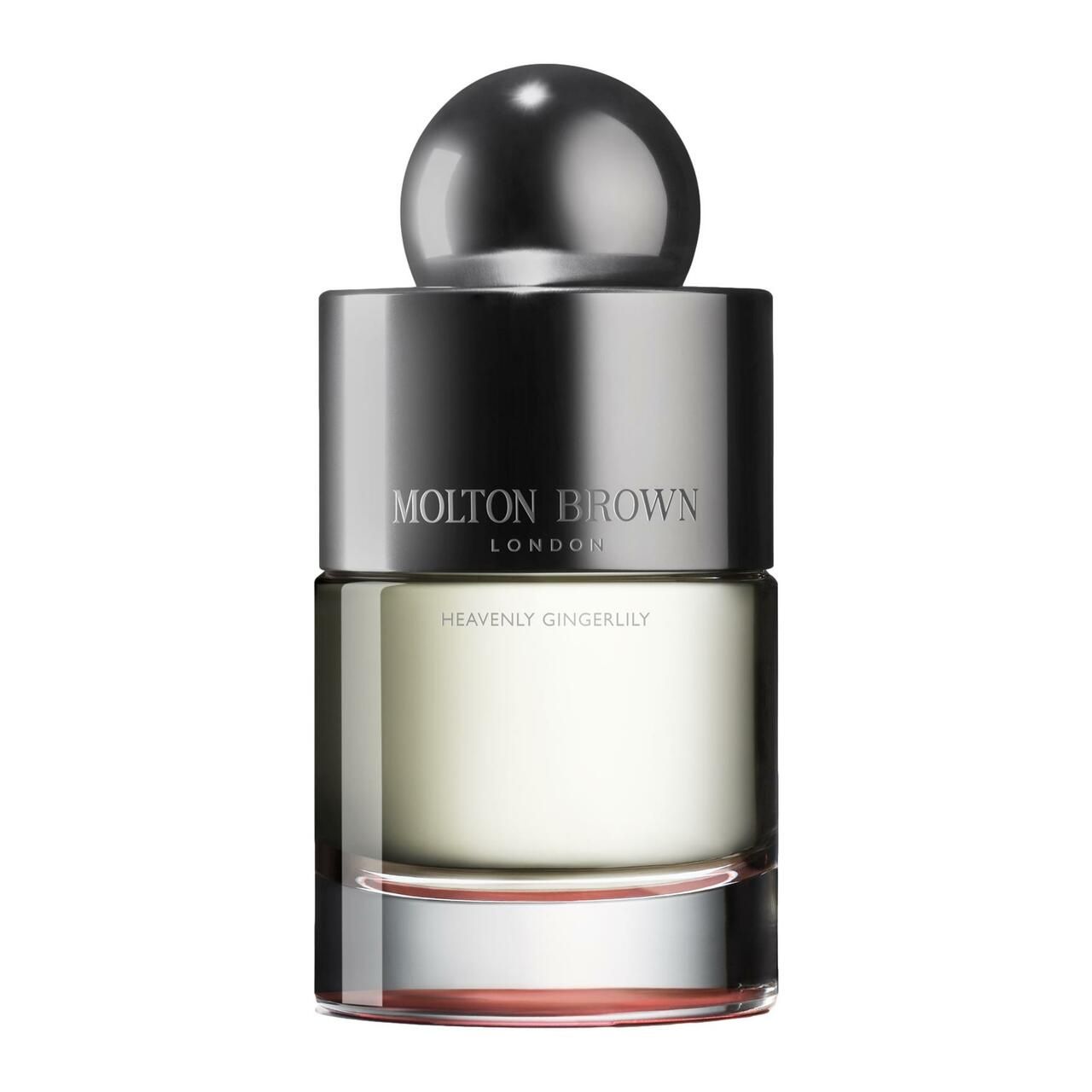Glasflakon mit silbernem Verschluss und Kugel. Aufschrift: Molton Brown, Heavenly Gingerlily. Flüssigkeit sichtbar.