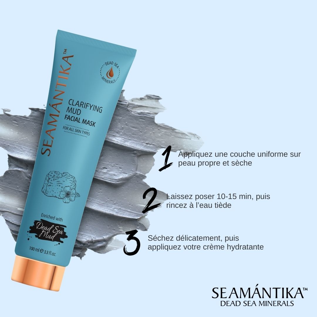 Tube bleu turquoise. Inscription : SEAMANTIKA, Clarifying Mud Facial Mask. Avec instructions d'utilisation en trois étapes.