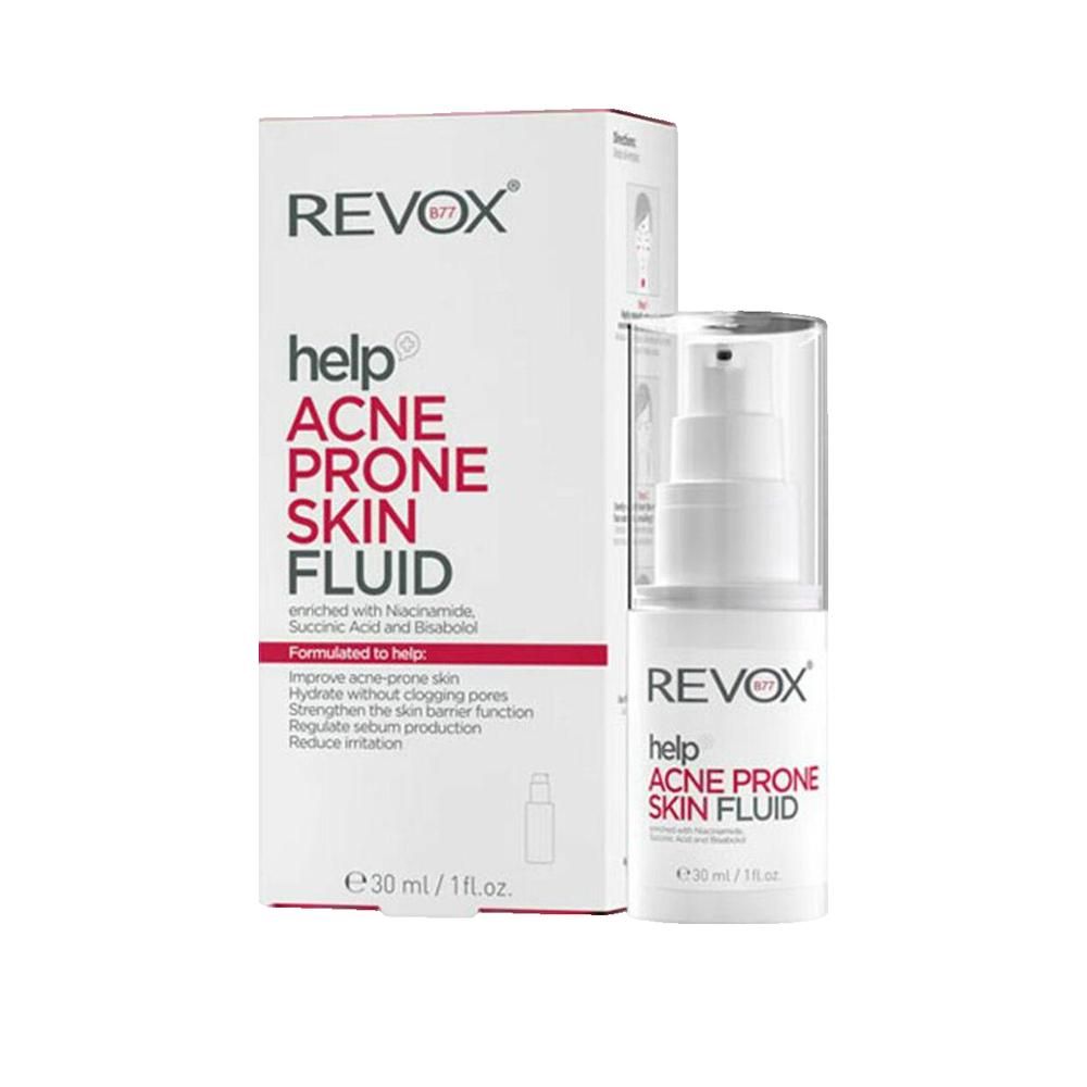 Weißes Revox-Serum gegen Akne. Aufschrift: Acne Prone Skin Fluid. Mit Pumpe und Verpackung.