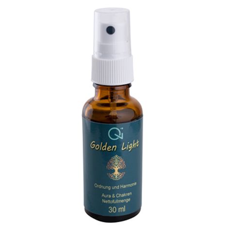 Braune Glasflasche mit Sprühkopf. Aufschrift: Golden Light, Ordnung und Harmonie, Aura & Chakren. 30 ml.