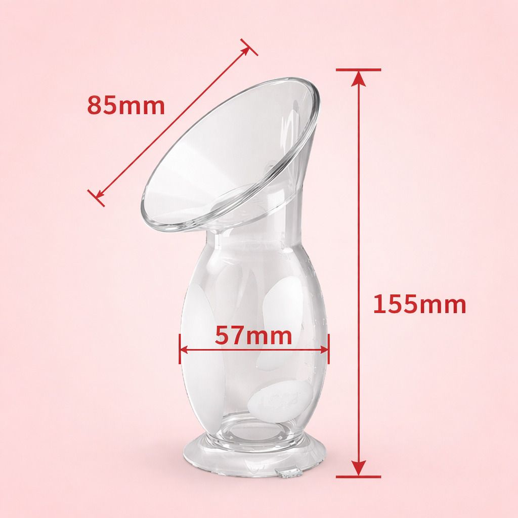 Transparente Milchpumpe mit Maßangaben. Höhe 155mm, Breite 57mm, Trichter 85mm. Produkt auf rosa Hintergrund.