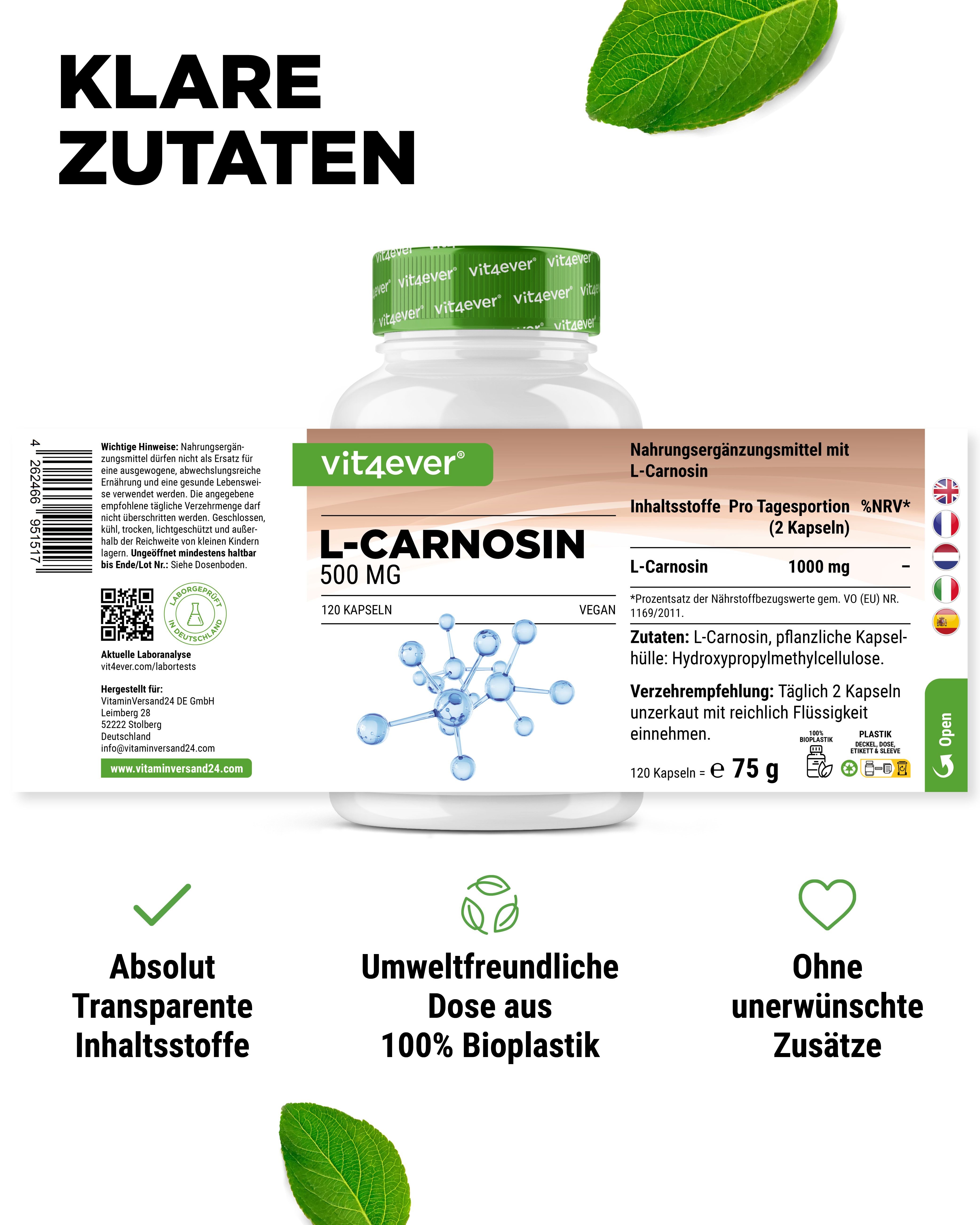 Weiße Flasche L-Carnosin 500 mg, 120 Kapseln. Text: Nahrungsergänzungsmittel mit L-Carnosin. Inhaltsstoffe, Verzehrempfehlung, 120 Kapseln + 75 g.