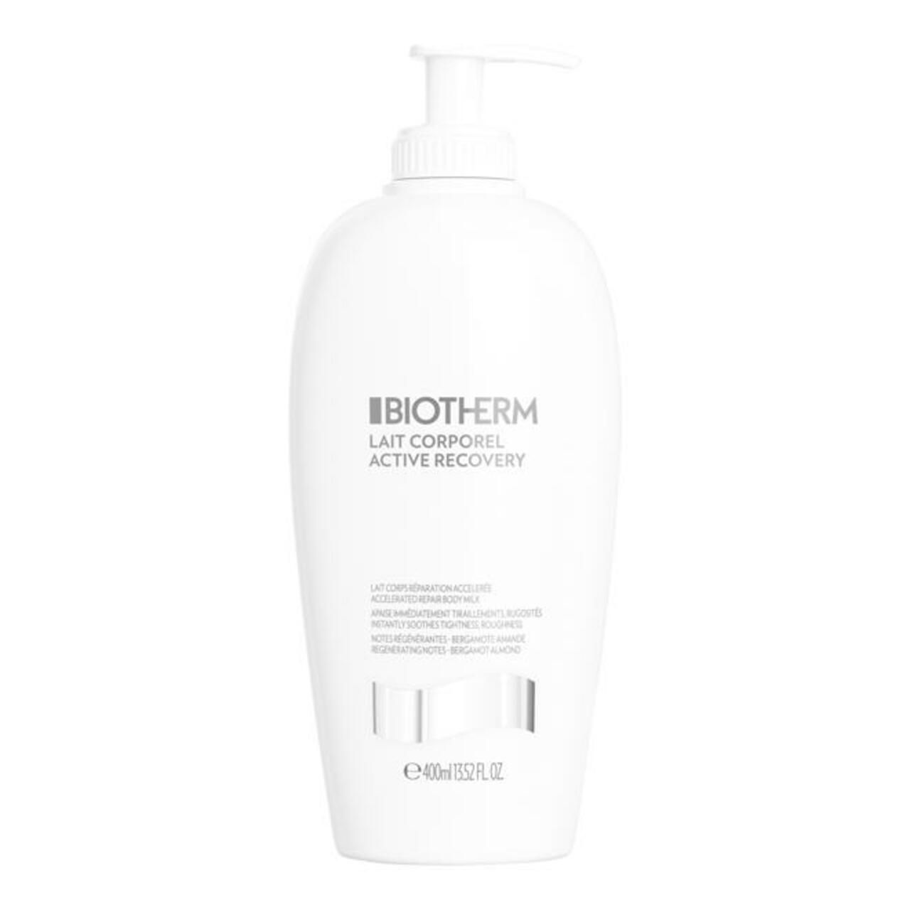 Weiße Flasche mit Pumpe. Aufschrift: Biotherm Lait Corporel Active Recovery. E400ml.