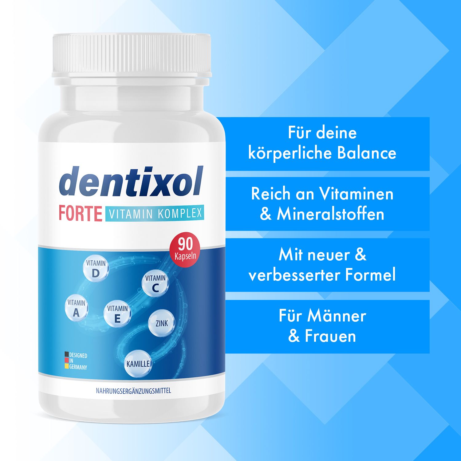 Weiße Flasche mit blauer und weißer Beschriftung. Enthält 90 Kapseln. Aufschrift: dentixol FORTE Vitamin Komplex. Text auf blauem Hintergrund.