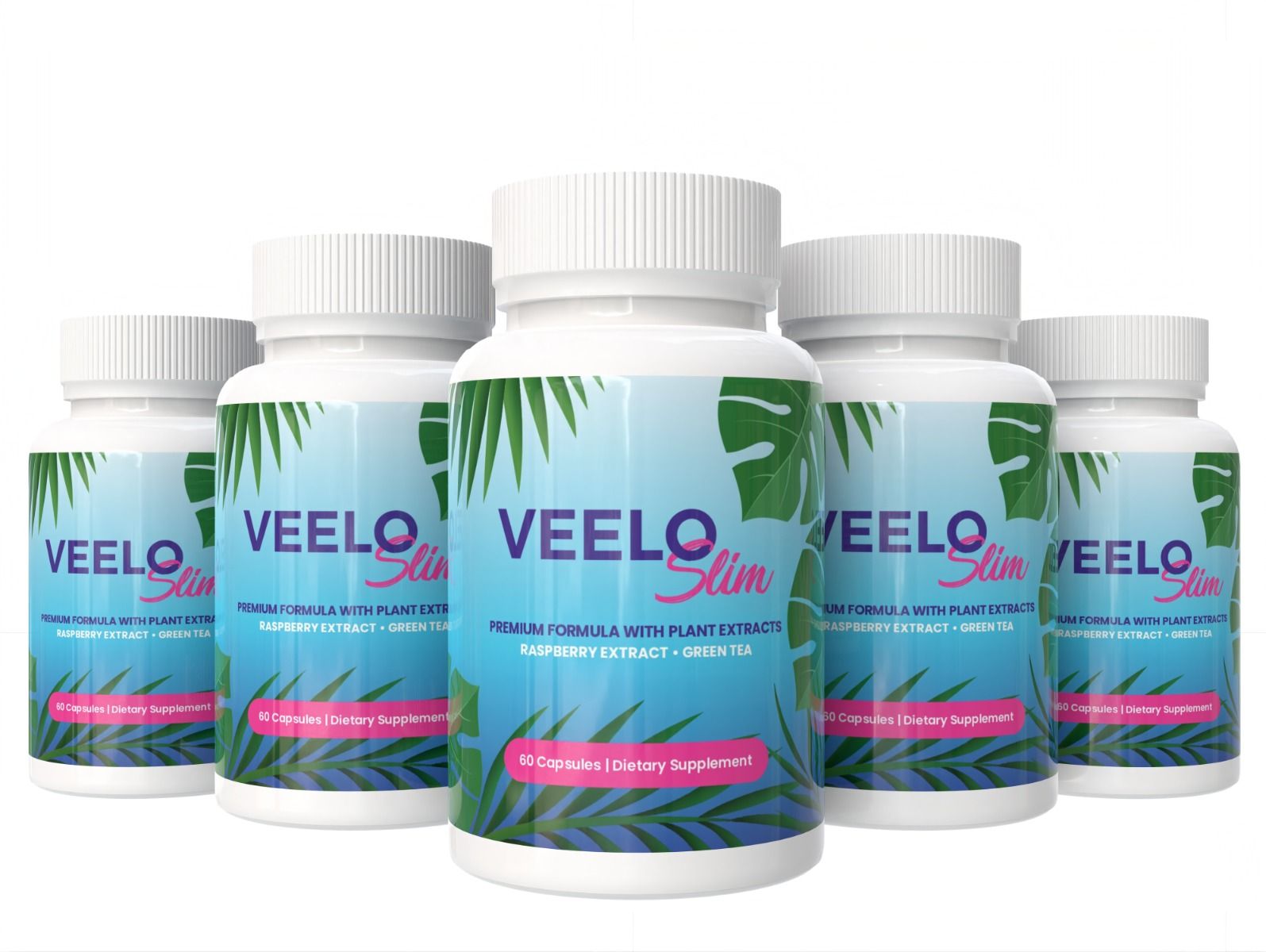 Fünf weiße Flaschen mit VeeloSlim-Aufdruck. Aufschrift: Premium-Formel mit Pflanzenextrakten, Himbeerextrakt, Grüner Tee.