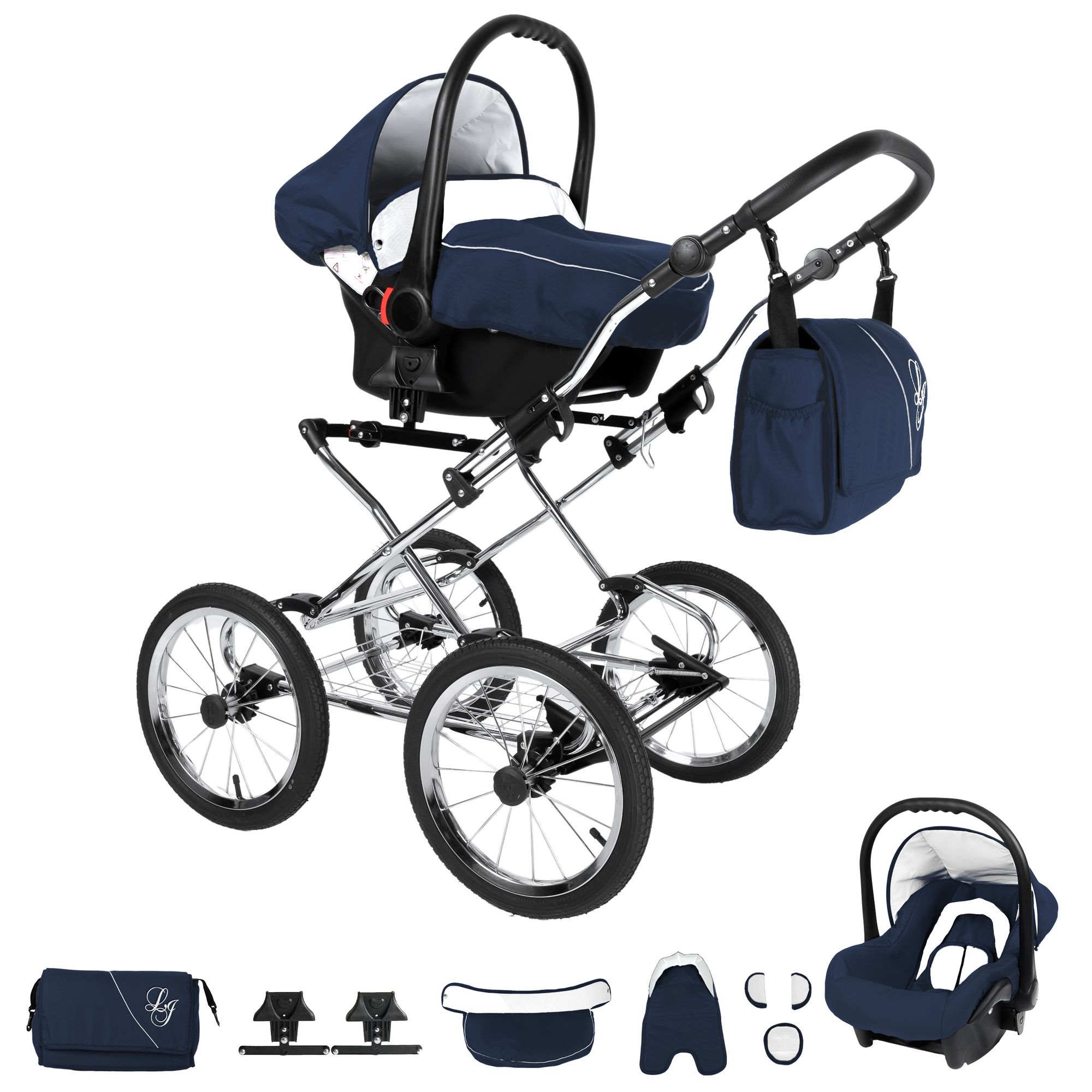 Bebebi Loving 4 in 1 Kinderwagen Komplettset ISOFIX Basis Nostalgie Kinderwagen, Blue Ardent