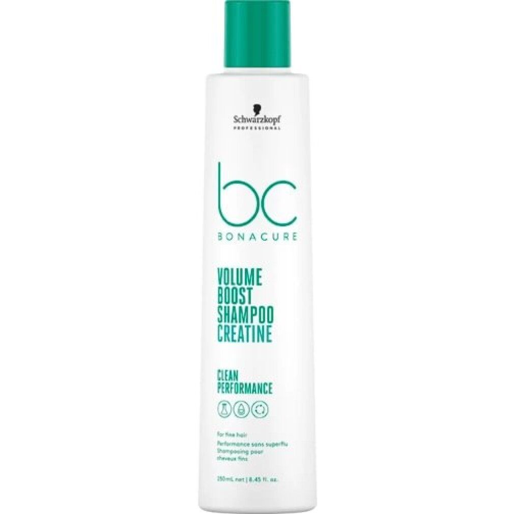 Weißes Shampoo mit grünem Deckel. Aufschrift: bc BONACURE VOLUME BOOST SHAMPOO CREATINE. Schwarzkopf Professional.