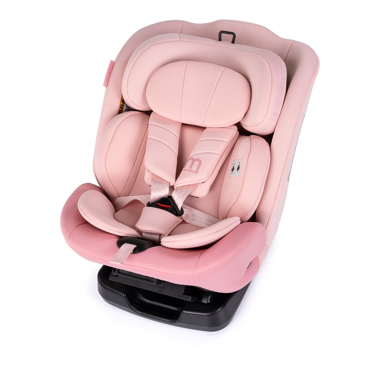 Rosa Kindersitz mit verstellbarer Kopfstütze und 5-Punkt-Gurt, Seitenansicht mit Neigungsfunktion.