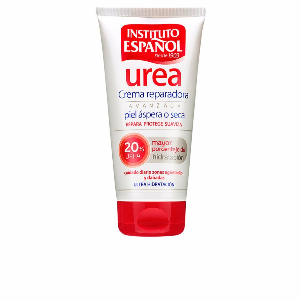 Weiße Tube mit rotem Verschluss. Aufschrift: Instituto Español Urea, Creme für trockene Haut. Enthält 20% Urea.