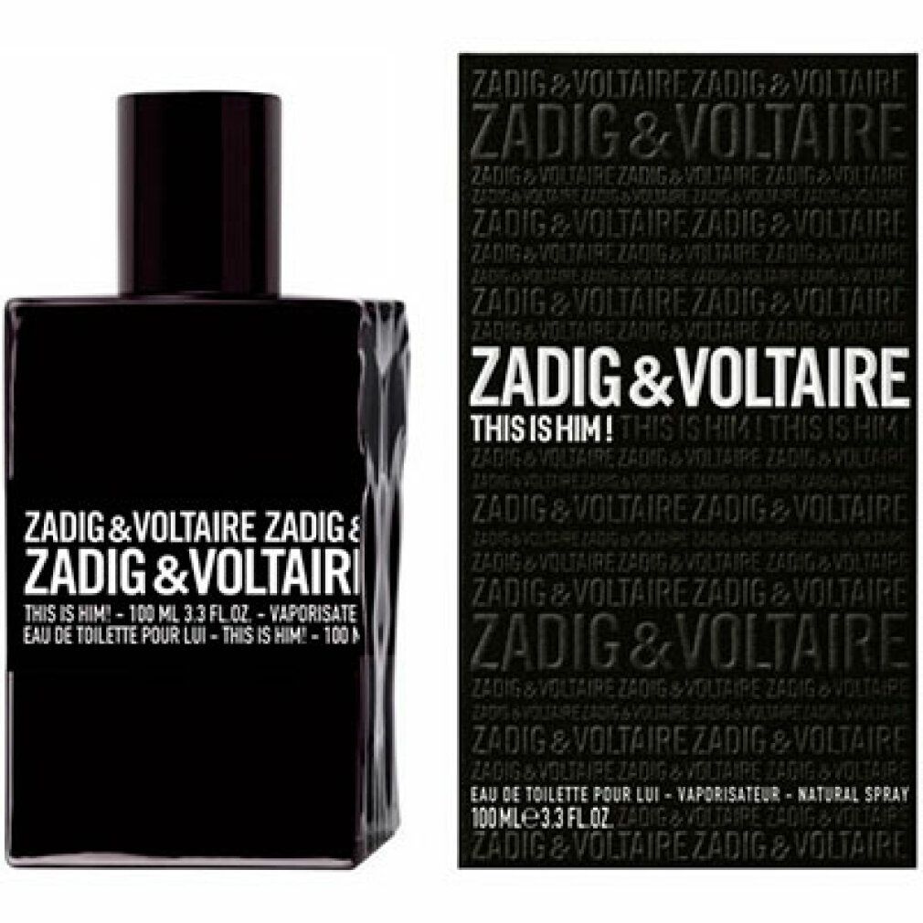 Schwarzer Flakon und Verpackung von Zadig & Voltaire This Is Him Eau de Toilette. Text: Zadig & Voltaire, This Is Him! 100 ml.