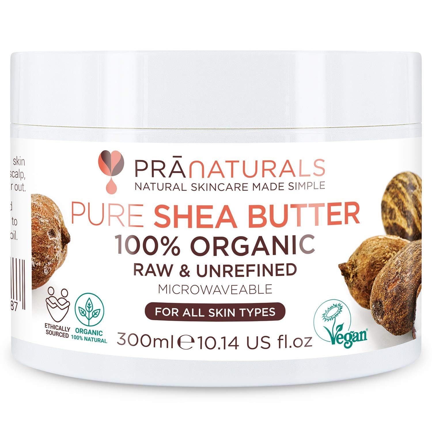 Tiegel Sheabutter. Text: PRANATURALS, 100% Organic, Raw & Unrefined. Für alle Hauttypen. Vegan. 300ml. Zertifizierungen.