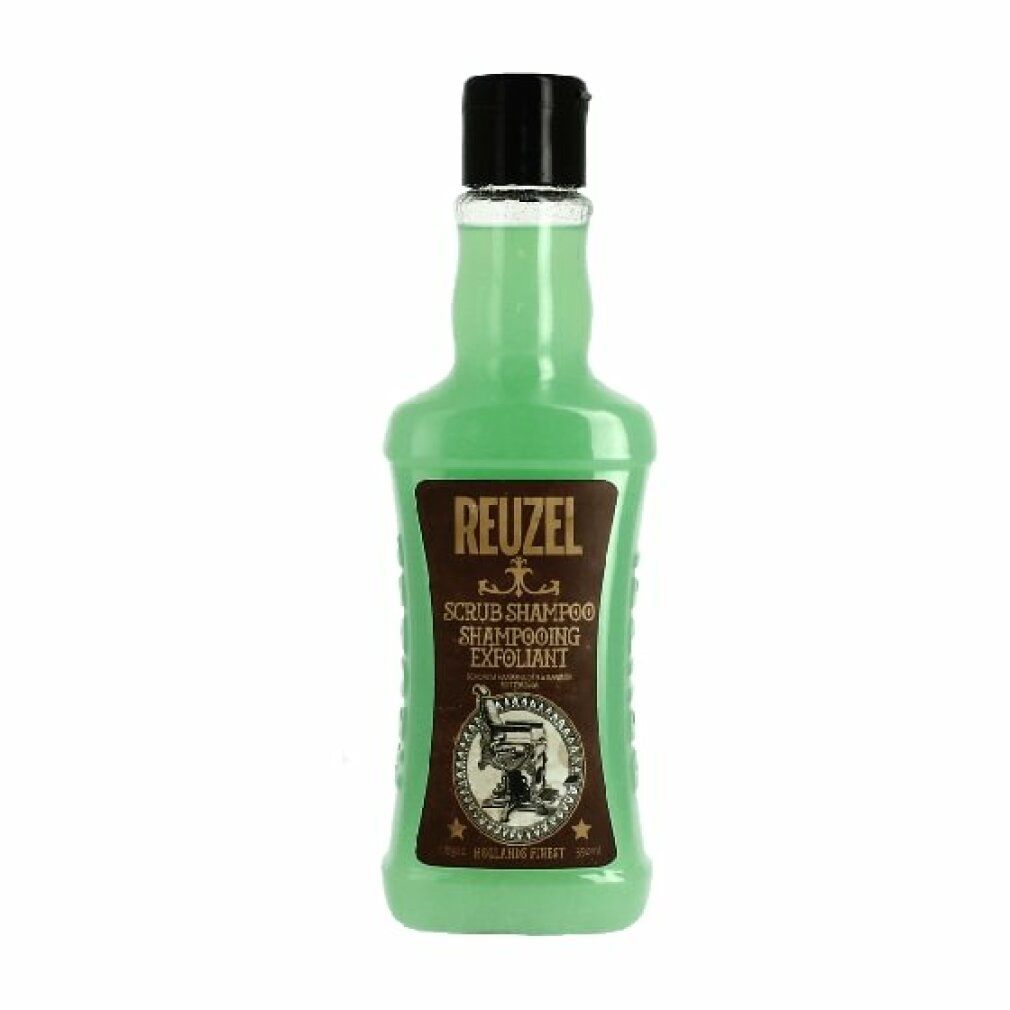 Reuzel Scrub Shampoo in einer grünen Flasche mit braunem Etikett.
