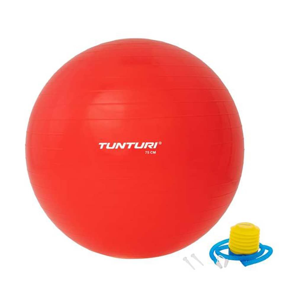 Roter Gymnastikball mit Logo und Größenangabe. Inklusive Pumpe und Zubehör. 75 cm Durchmesser.