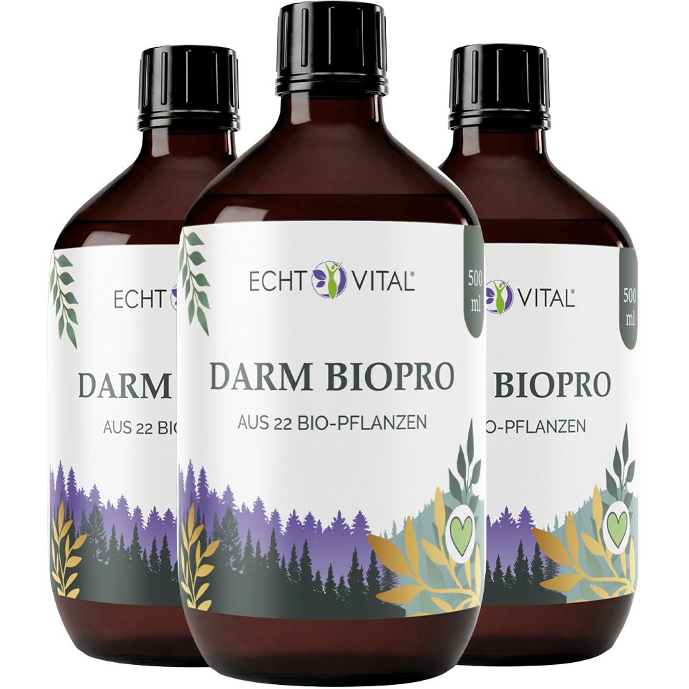 Drei braune Glasflaschen mit Etiketten für Echt Vital Darm BioPro, 500 ml.