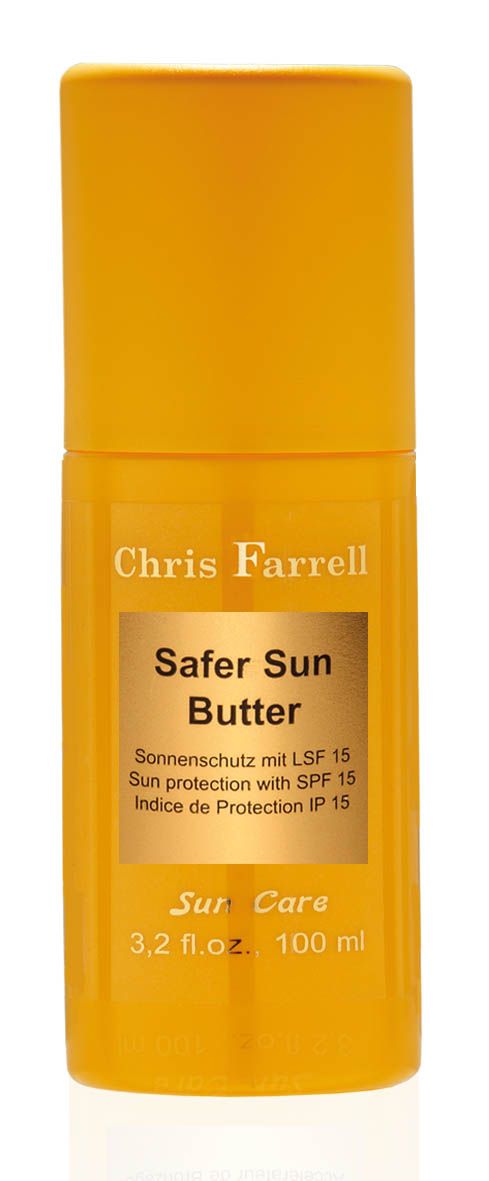 Gelbe Sonnencreme-Flasche. Aufschrift: Chris Farrell, Safer Sun Butter, LSF 15. Enthält 100 ml.