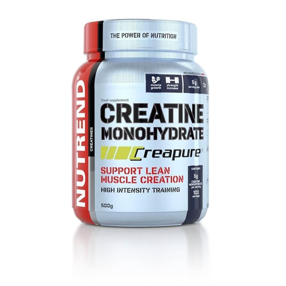 Zylinderförmige Dose mit Aufschrift CREATINE MONOHYDRATE Creapure. Marke NUTREND. Enthält 500g. Für Muskelaufbau und intensives Training.