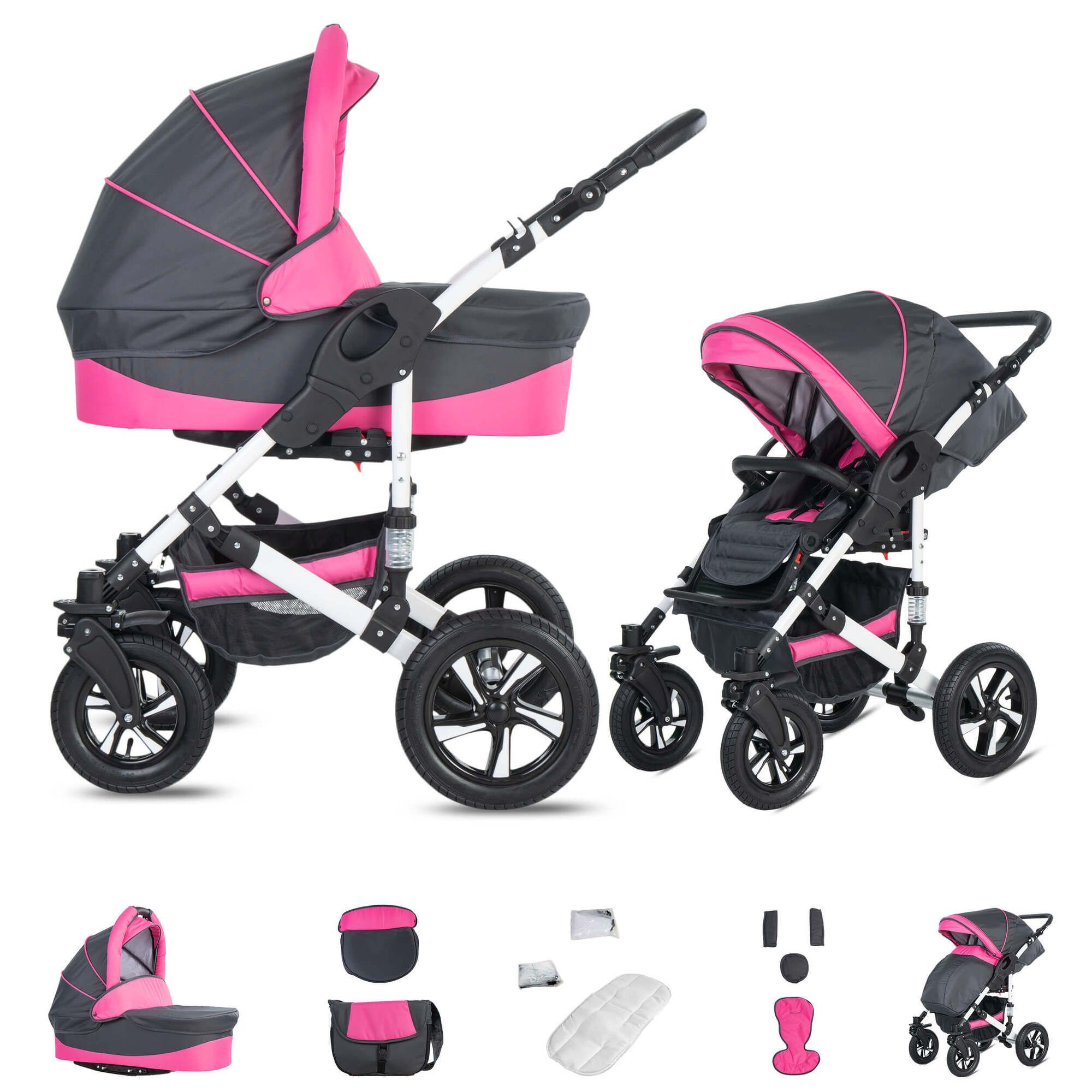 Friedrich Hugo Hamburg 2 in 1 Kinderwagen Hartgummireifen, Grey & Pink