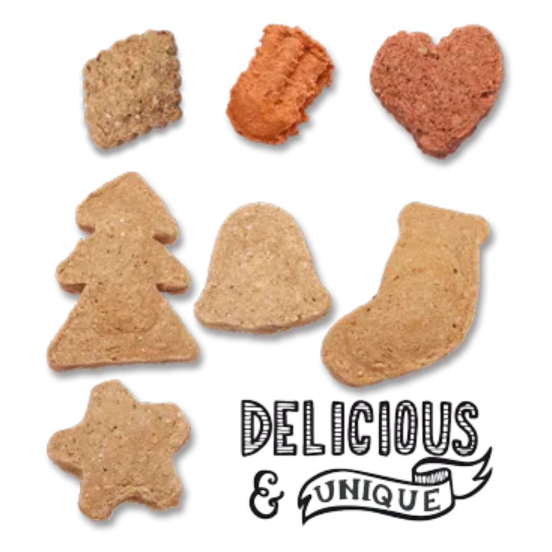 Verschiedene Hundekekse in Stern-, Herz-, Weihnachtsbaum- und Stiefelformen. Text: "Delicious & Unique".