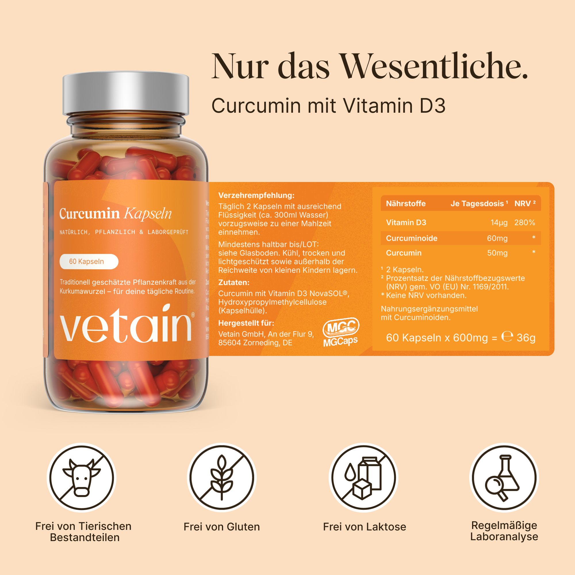 VETAIN Kurkuma Kapseln Flasche mit Vitamin D3, Nährwertangaben und Siegeln.