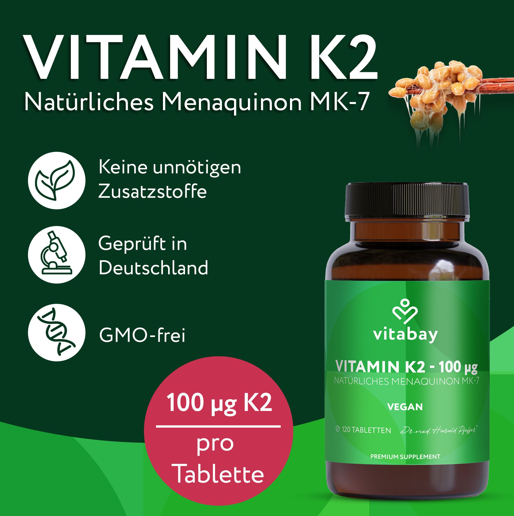 Vitabay Vitamin K2: 100 µg pro Tablette, geprüft in Deutschland, GMO-frei.