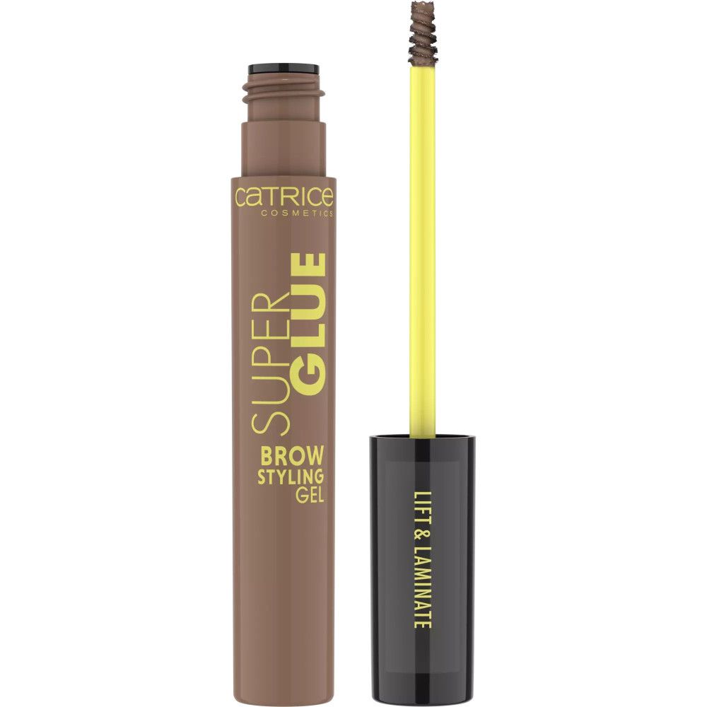 Brauen-Gel-Mascara mit gelbem Applikator. Produktname: SUPER GLUE. Marke: Catrice. Farbe: hellbraun. Schwarze Kappe mit Aufschrift.