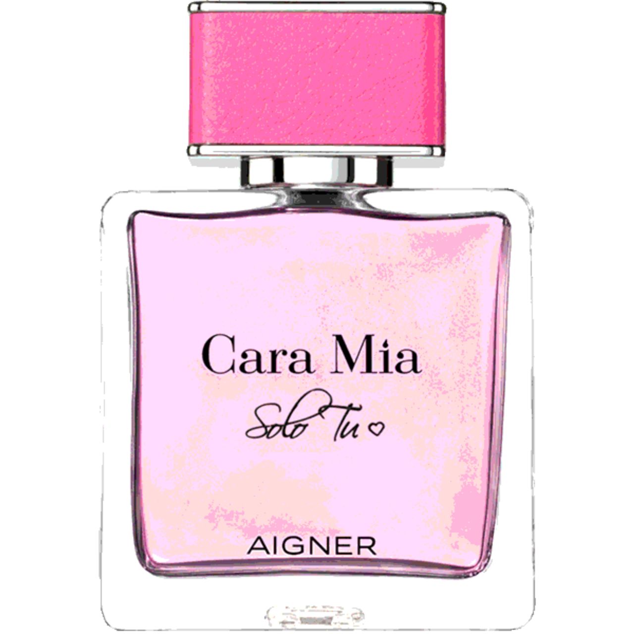 Aigner Cara Mia Solo Tu EdP Nat. Spray. Eckiger Flakon mit rosa Flüssigkeit. Rosa Verschlusskappe. Schriftzug 'Cara Mia Solo Tu'.