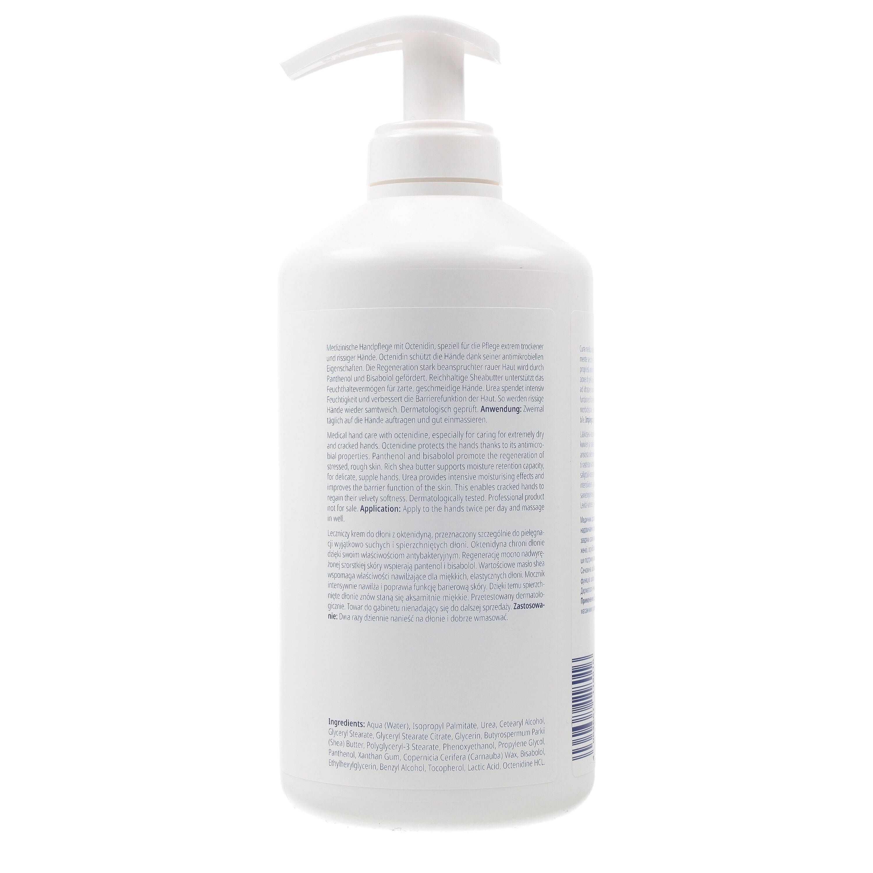 Rückseite einer weißen Flasche mit Pumpverschluss. Text in mehreren Sprachen. Zutatenliste und Anwendungshinweise.