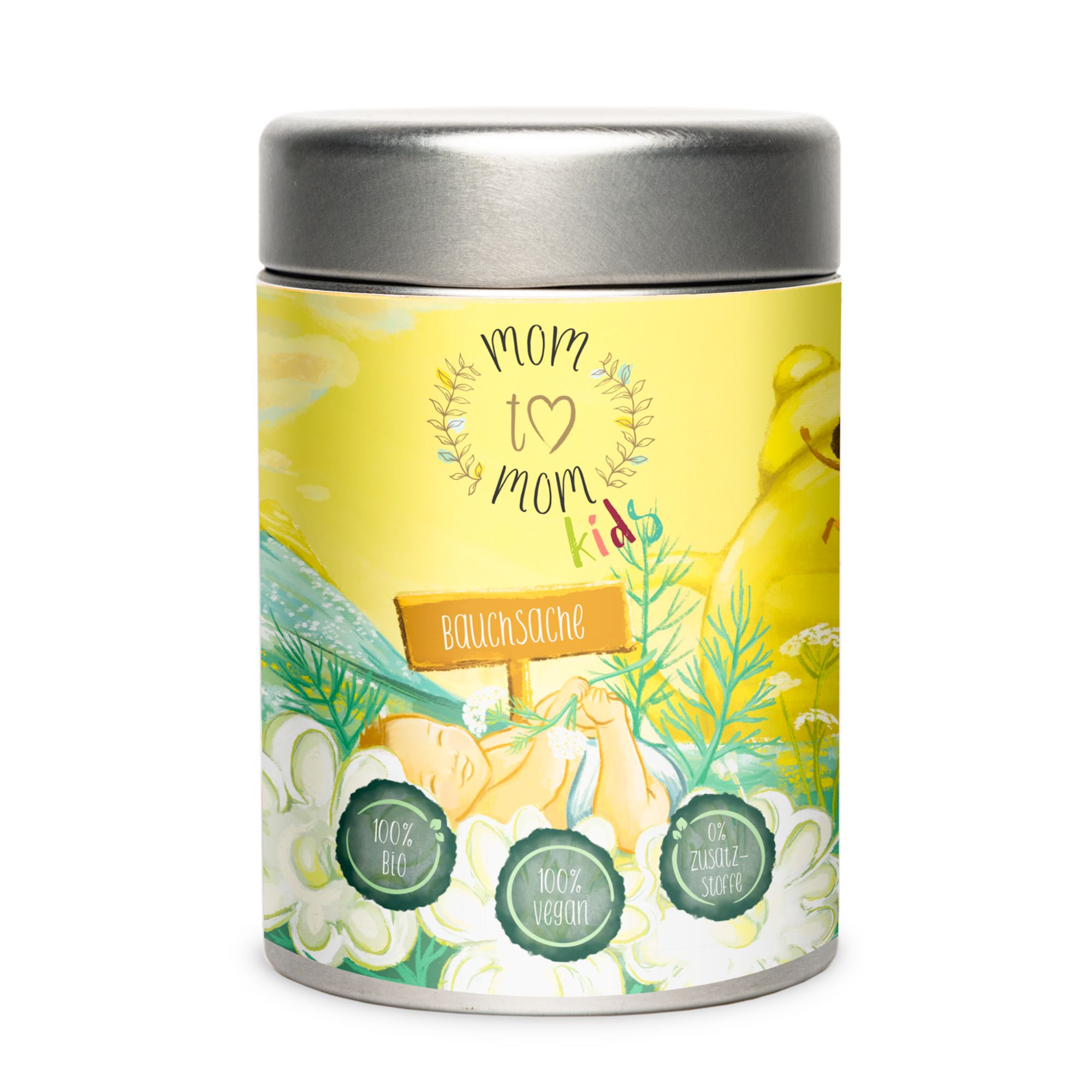 Runde Dose mit gelbem Etikett. Aufschrift: mom to mom kids Bauchsache. Illustrationen von Baby, Blumen und Bär. 100% Bio, vegan, ohne Zuckerzusatz.
