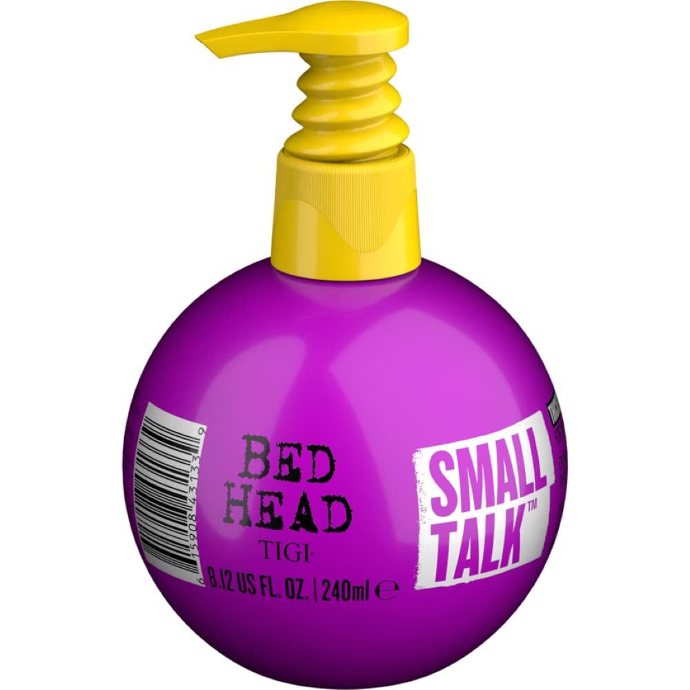 Runde, lila Flasche mit gelbem Pumpkopf. Aufschrift "BED HEAD" und "SMALL TALK".